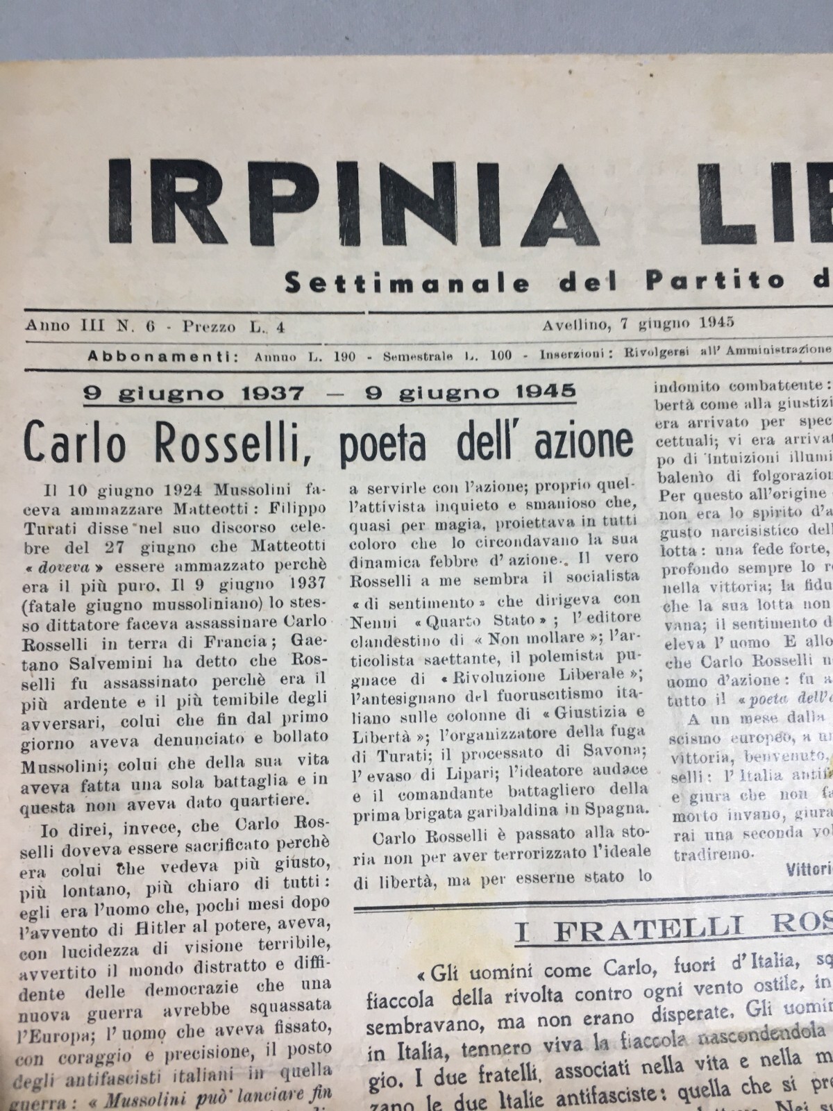 Politica   Partito d'Azione   Irpinia Libera   Carlo Rosselli   Scuola   Maccanico   Cronaca