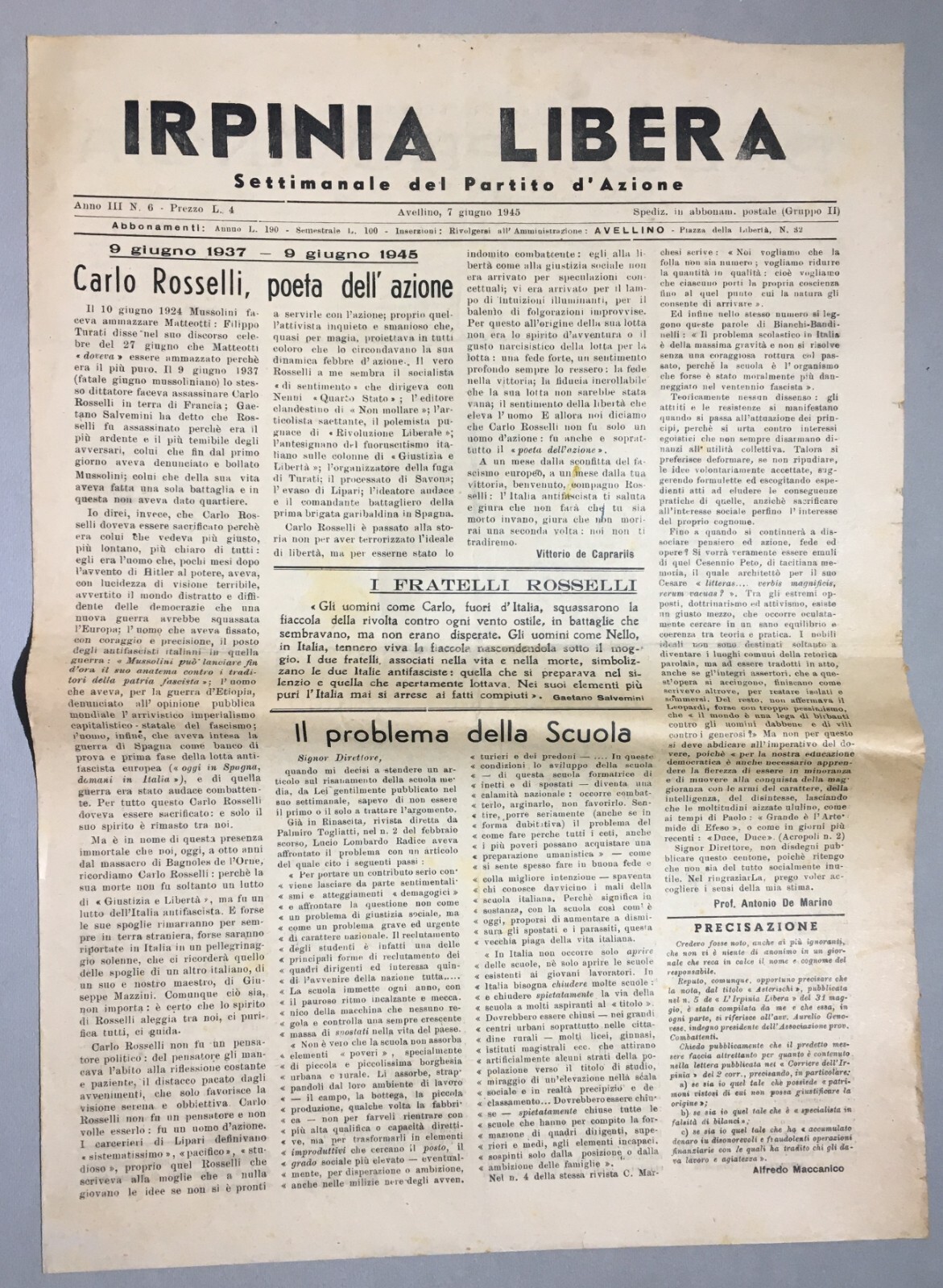 Politica   Partito d'Azione   Irpinia Libera   Carlo Rosselli   Scuola   Maccanico   Cronaca