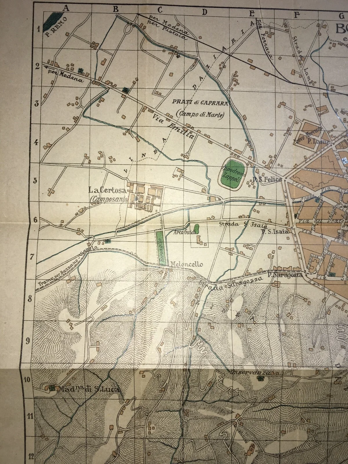 Bologna - Antique Cartography - Topographic Map - Roads - Hotels - Theatres - Churches