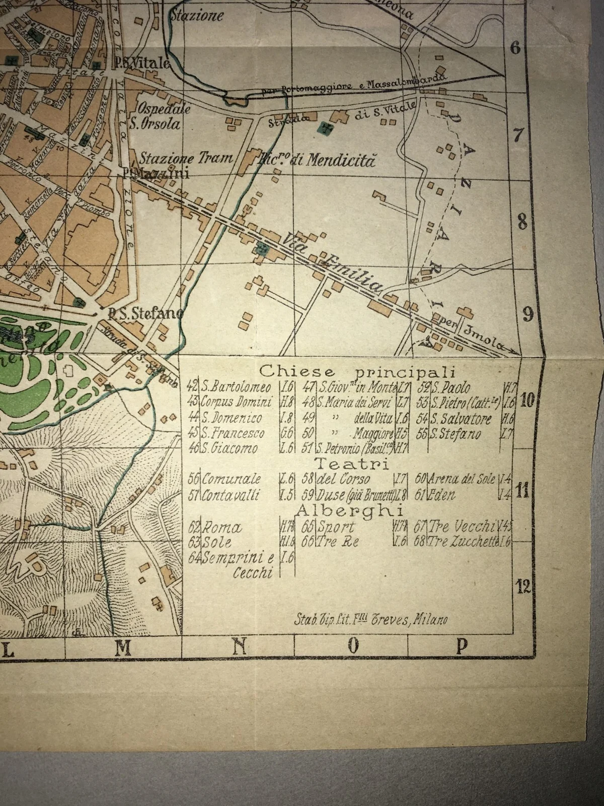 Bologna - Antique Cartography - Topographic Map - Roads - Hotels - Theatres - Churches