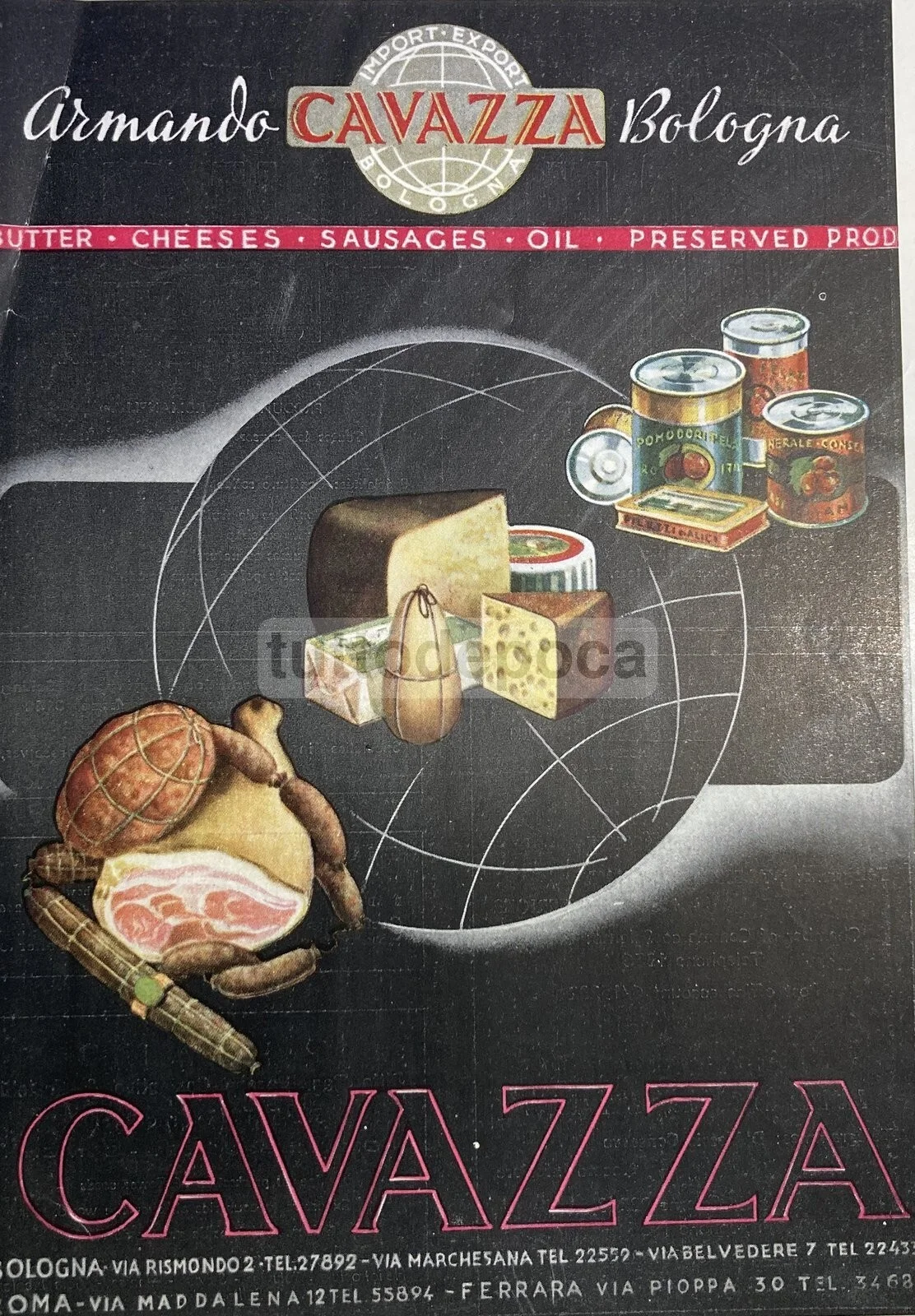 Cucina, Salumi, Formaggi, Conserve: Pubblicitaria d'epoca. Bologna, Cavazza, d'Alessio