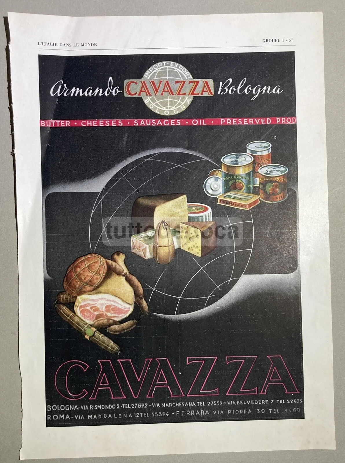 Cucina, Salumi, Formaggi, Conserve: Pubblicitaria d'epoca. Bologna, Cavazza, d'Alessio