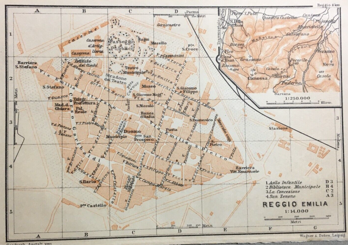 Reggio Emilia Antica Mappa Topografica Stazione Stradario Teatro Mercato '900