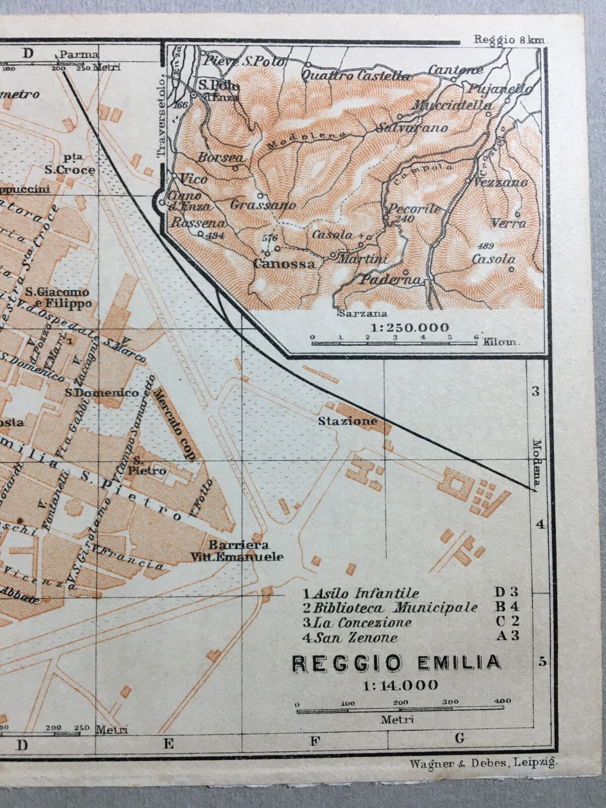 Reggio Emilia Antica Mappa Topografica Stazione Stradario Teatro Mercato '900
