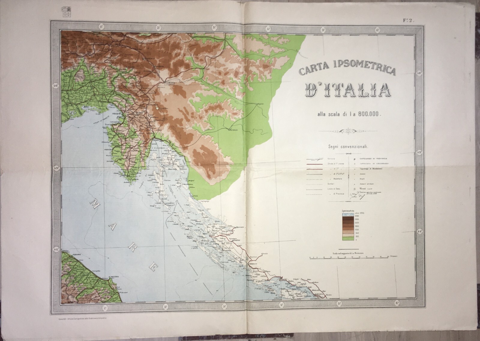 Grande Mappa Geografica, Geofisica E Ipsometrica d'Italia, 1921