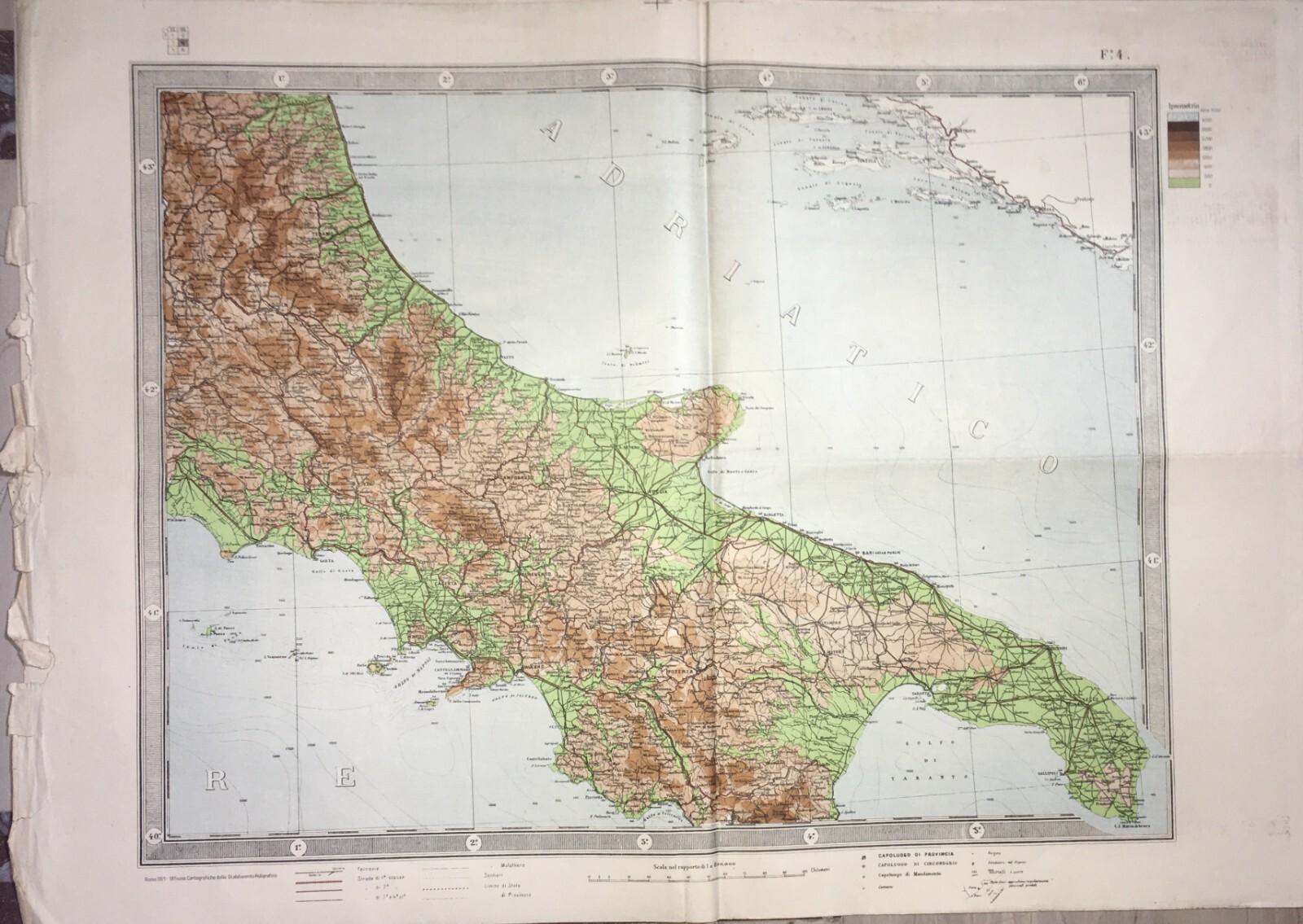 Grande Mappa Geografica, Geofisica E Ipsometrica d'Italia, 1921