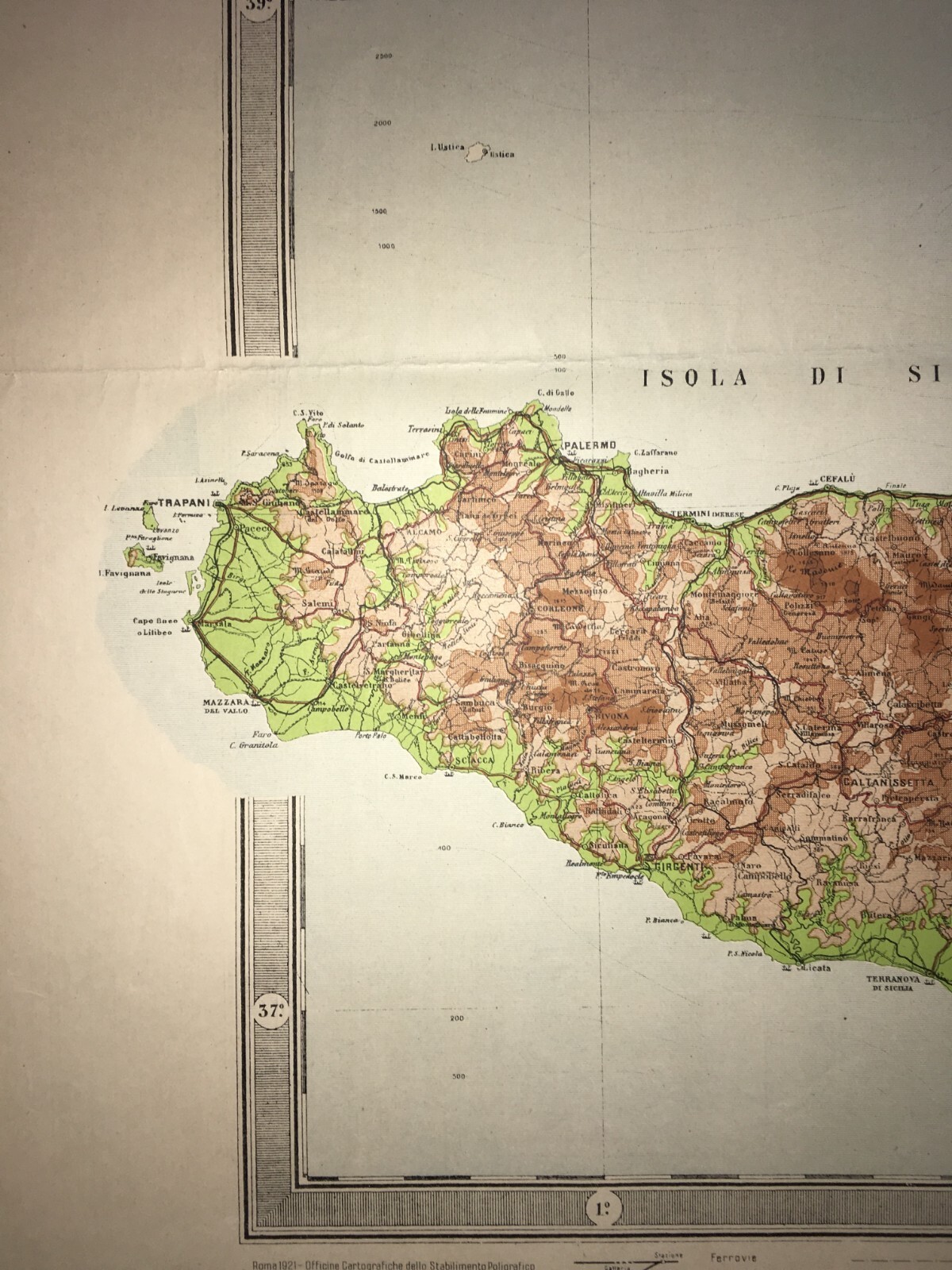 Grande Mappa Geografica, Geofisica E Ipsometrica d'Italia, 1921