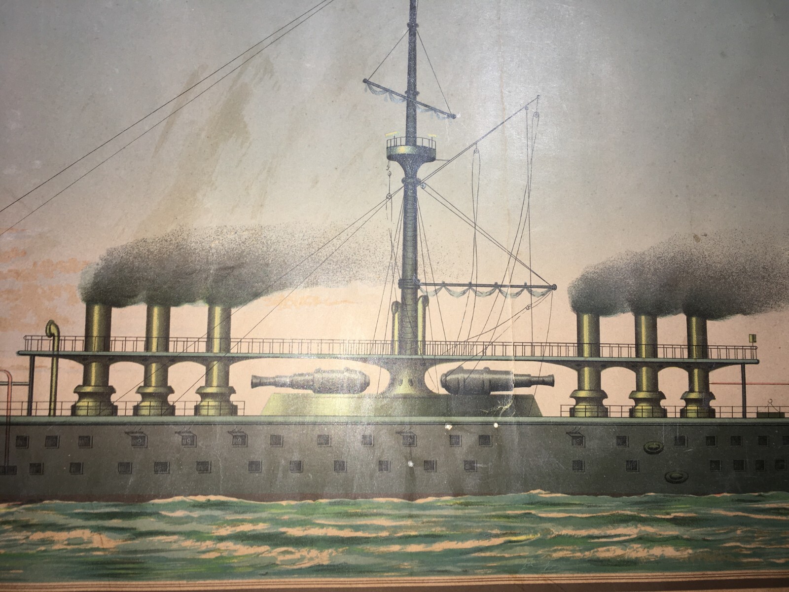 Mare, Marineria, Marina Militare Italiana, Corazzata Italia, Antica Cromolitografia.