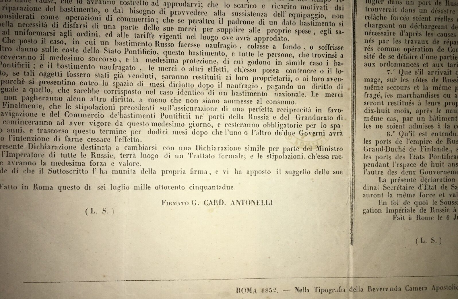 Notificazione Dello Stato Pontificio Sull'Approdo Di Bastimenti Russi, 1852