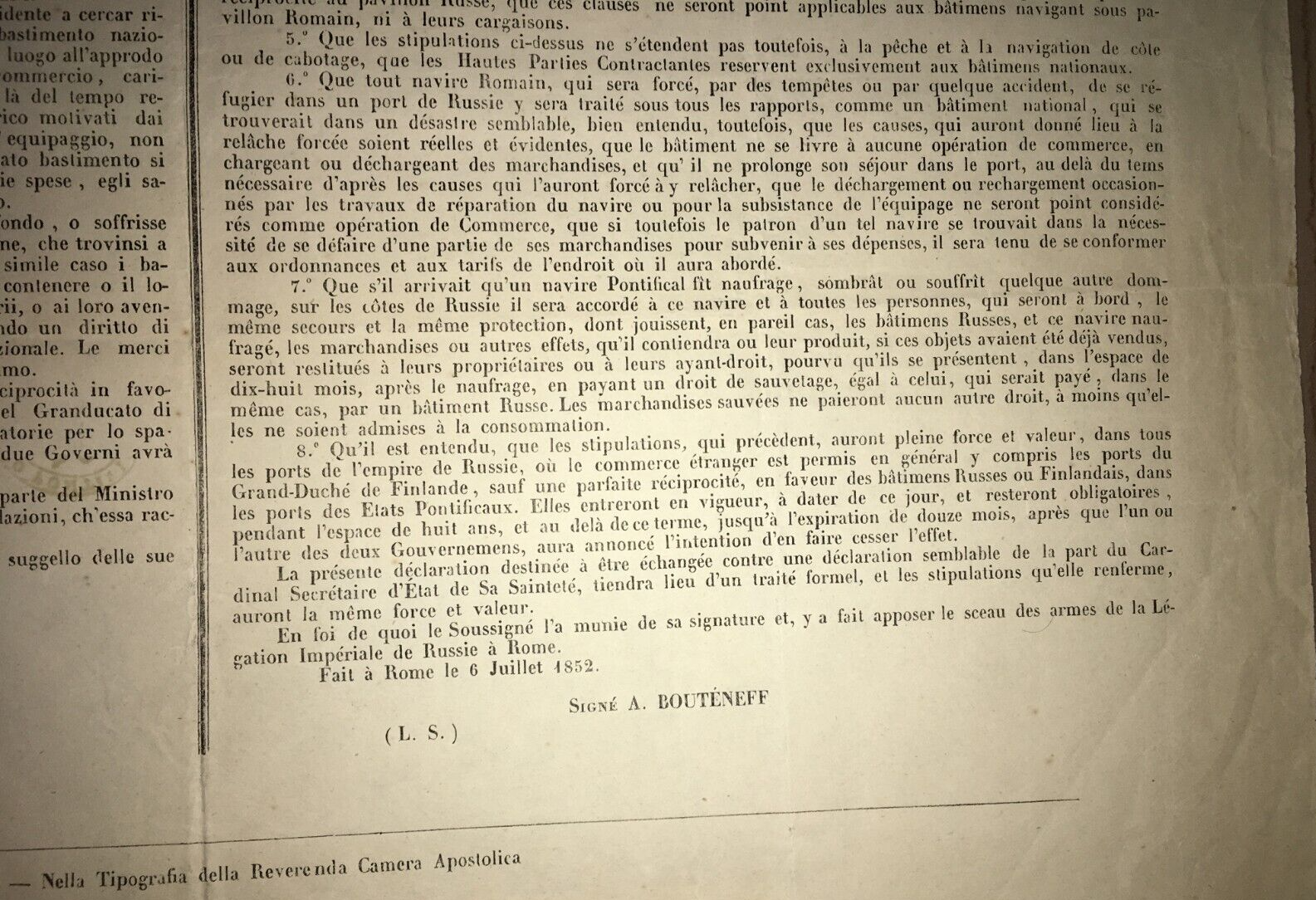 Notificazione Dello Stato Pontificio Sull'Approdo Di Bastimenti Russi, 1852