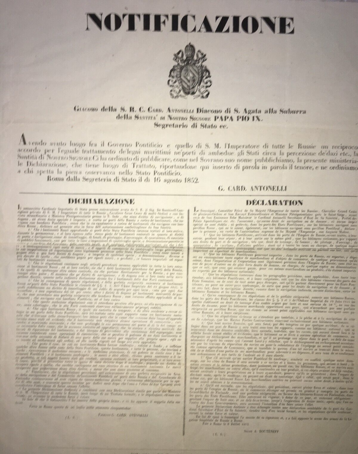 Notificazione Dello Stato Pontificio Sull'Approdo Di Bastimenti Russi, 1852