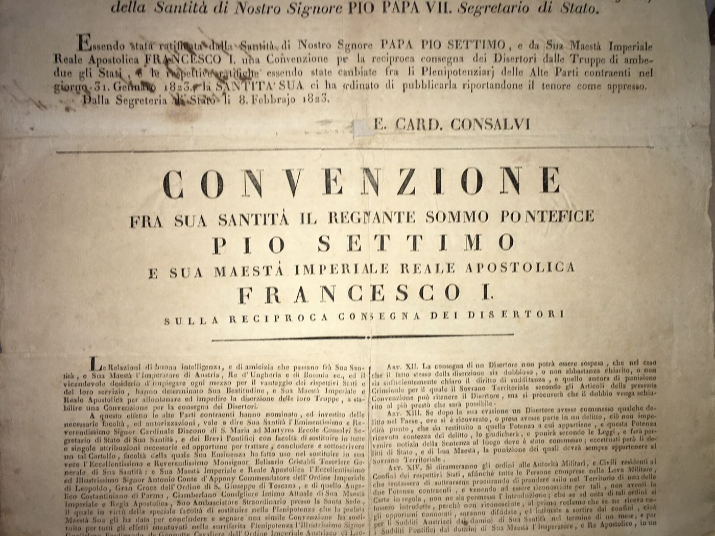 Antico Manifesto: Bando Sulla Consegna Dei Disertori, 1823
