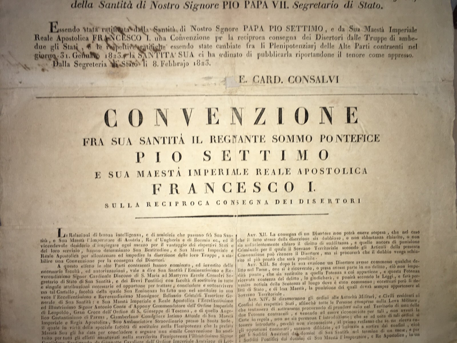 Antico Manifesto: Bando Sulla Consegna Dei Disertori, 1823