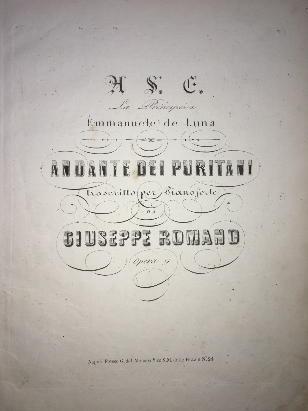 Musica, Antico Spartito Per Pianoforte. Andante Dei Puritani, Giuseppe Romano.