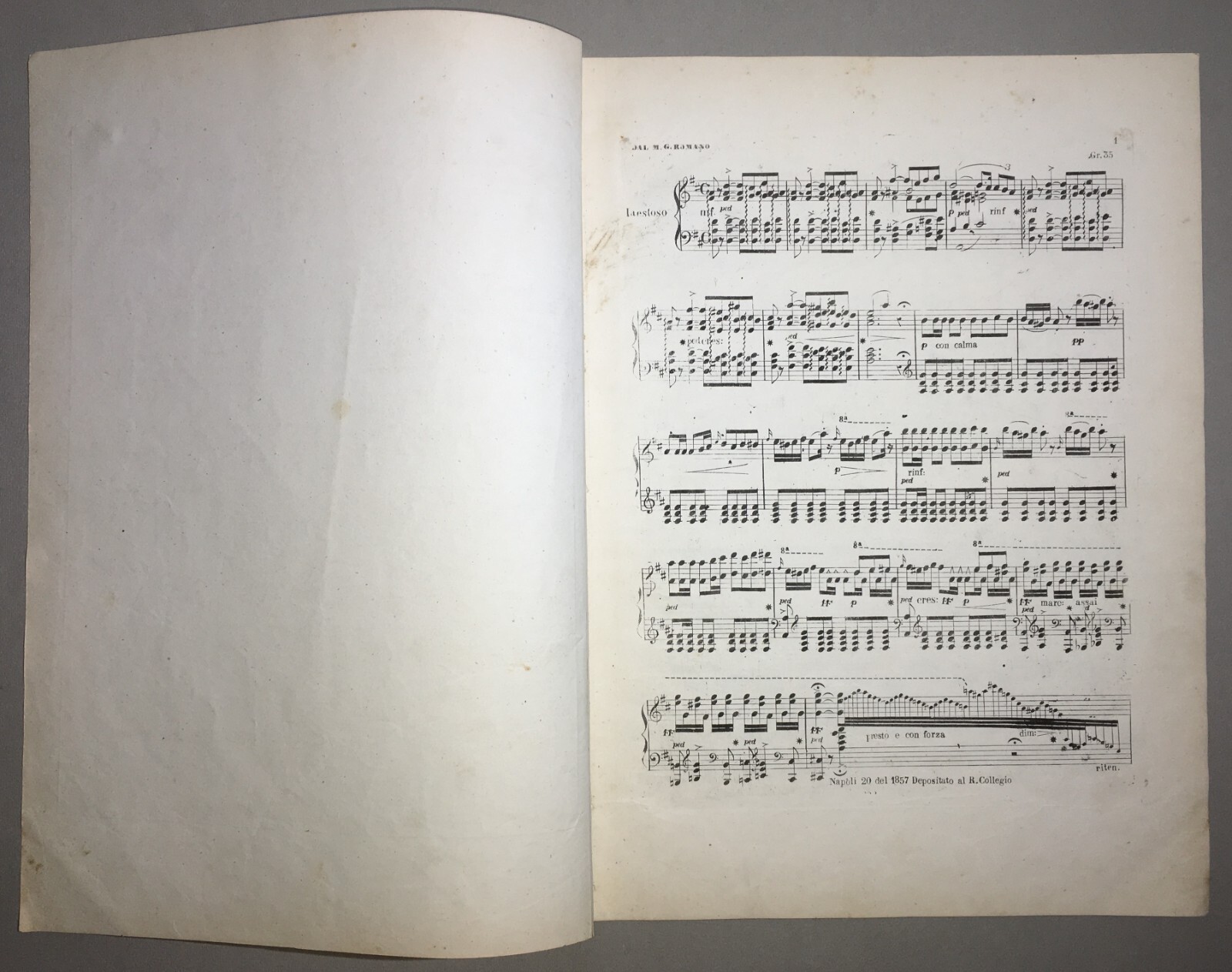 Musica, Antico Spartito Per Pianoforte. Andante Dei Puritani, Giuseppe Romano.