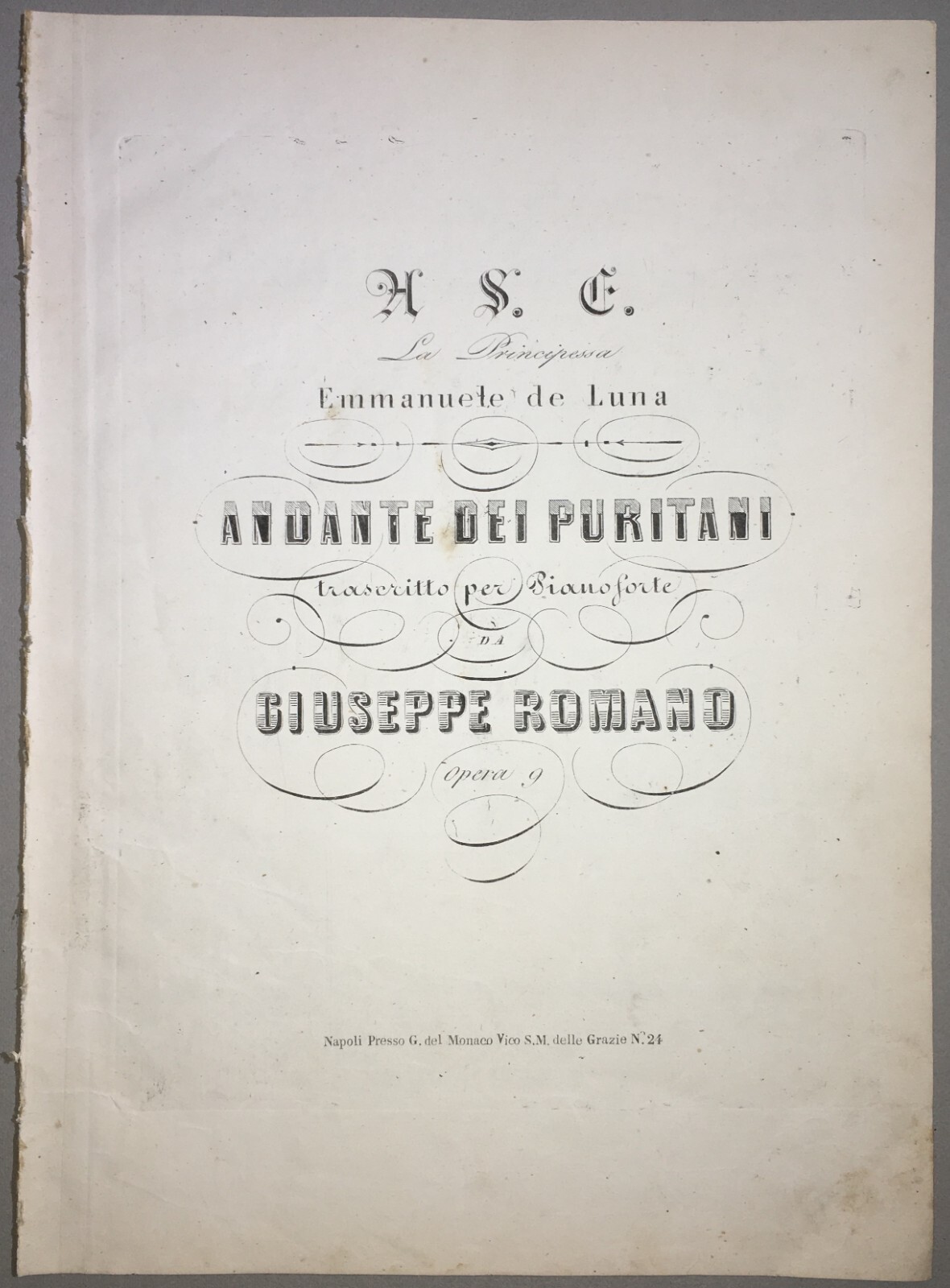 Musica, Antico Spartito Per Pianoforte. Andante Dei Puritani, Giuseppe Romano.