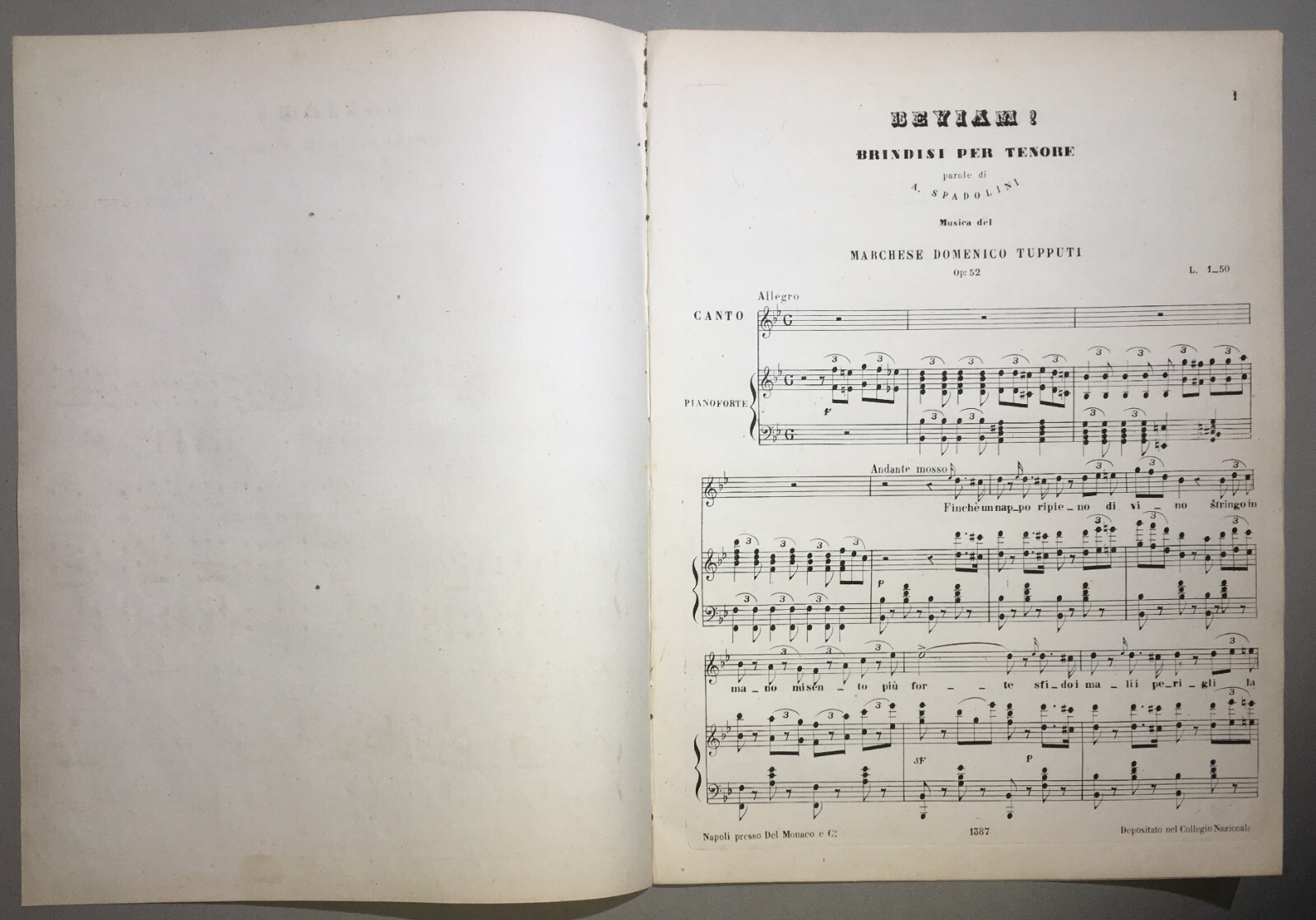 Musica: Antico Spartito Musicale Di Marchese Tupputi Dedicato Al Re Del Portogallo