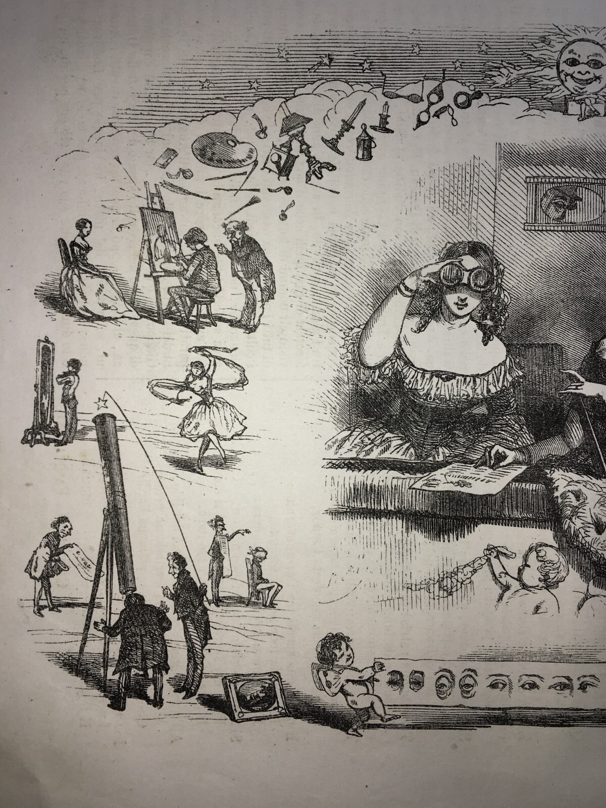 Arte, Umorismo, Caricatura: Illustrazione Antica Di Bertall I Sensi: La Vista, Occhio, Lettura