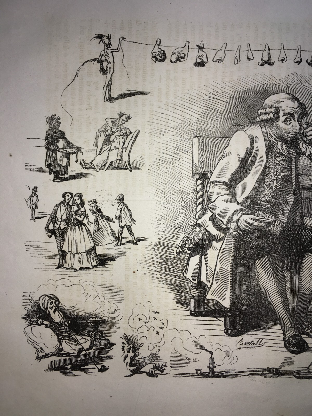 Arte, Umorismo, Caricatura, Illustrazione Antica: Bertall, I Sensi, L'Odorato, Naso E Nasi