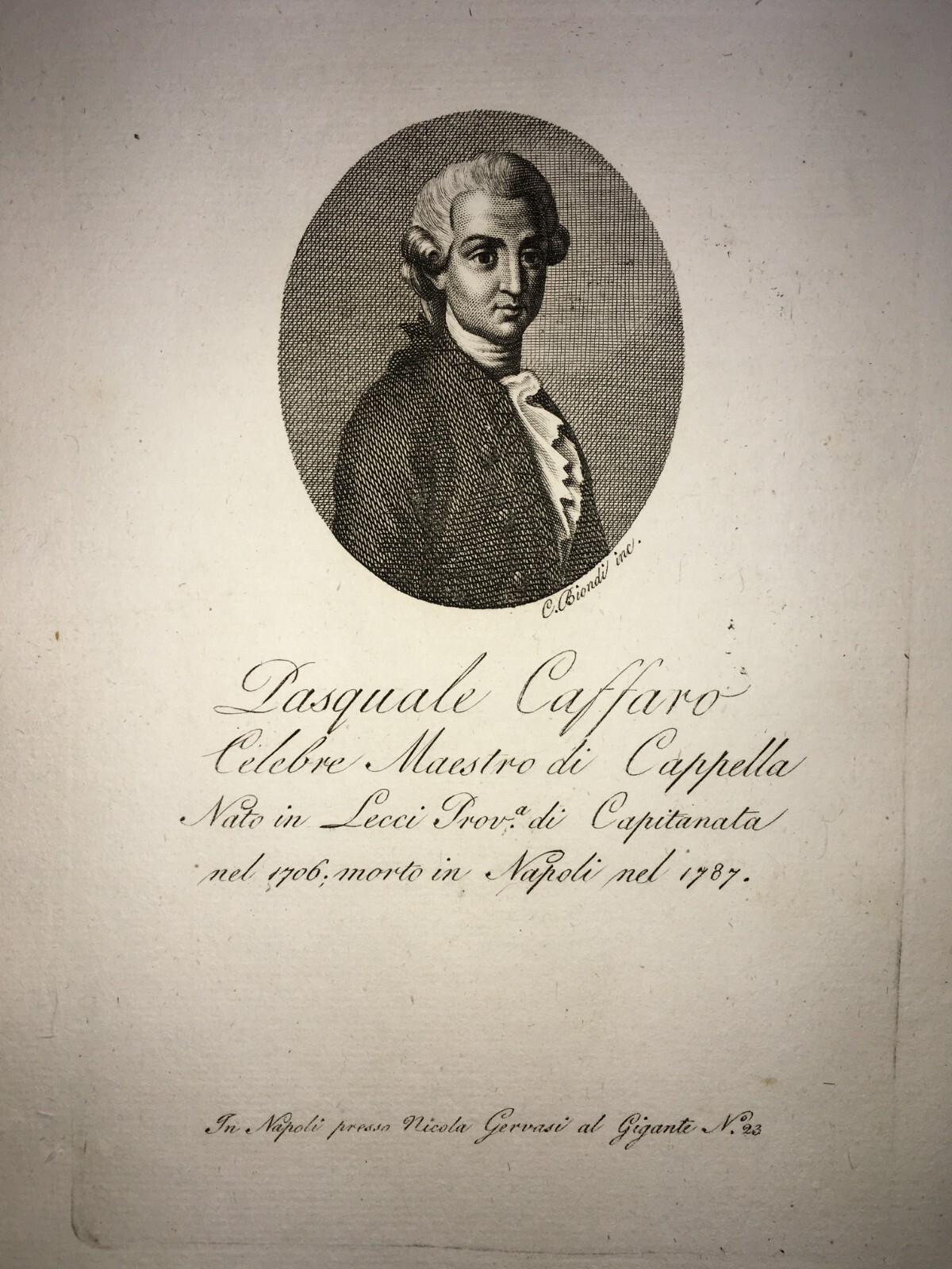 Puglia, Salento, Galatina, Musica E Musicisti: Antica Incisione Biondi, Ritratto Di Pasquale Cafaro