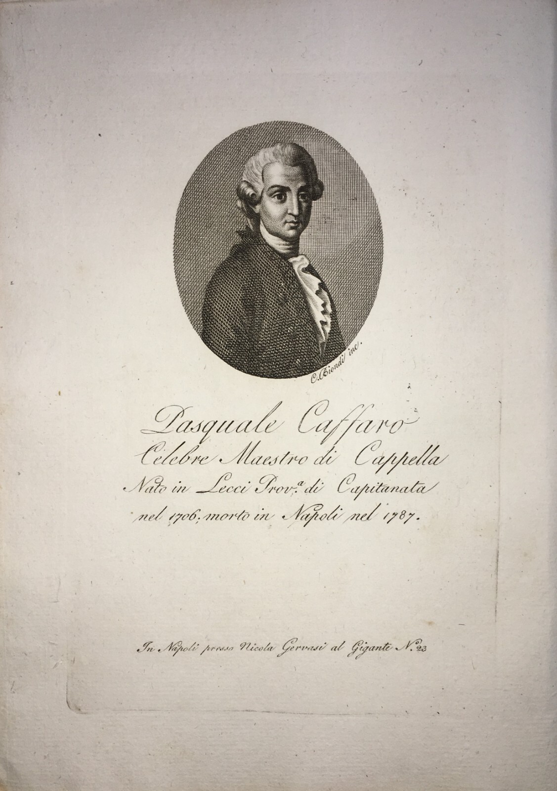 Puglia, Salento, Galatina, Musica E Musicisti: Antica Incisione Biondi, Ritratto Di Pasquale Cafaro
