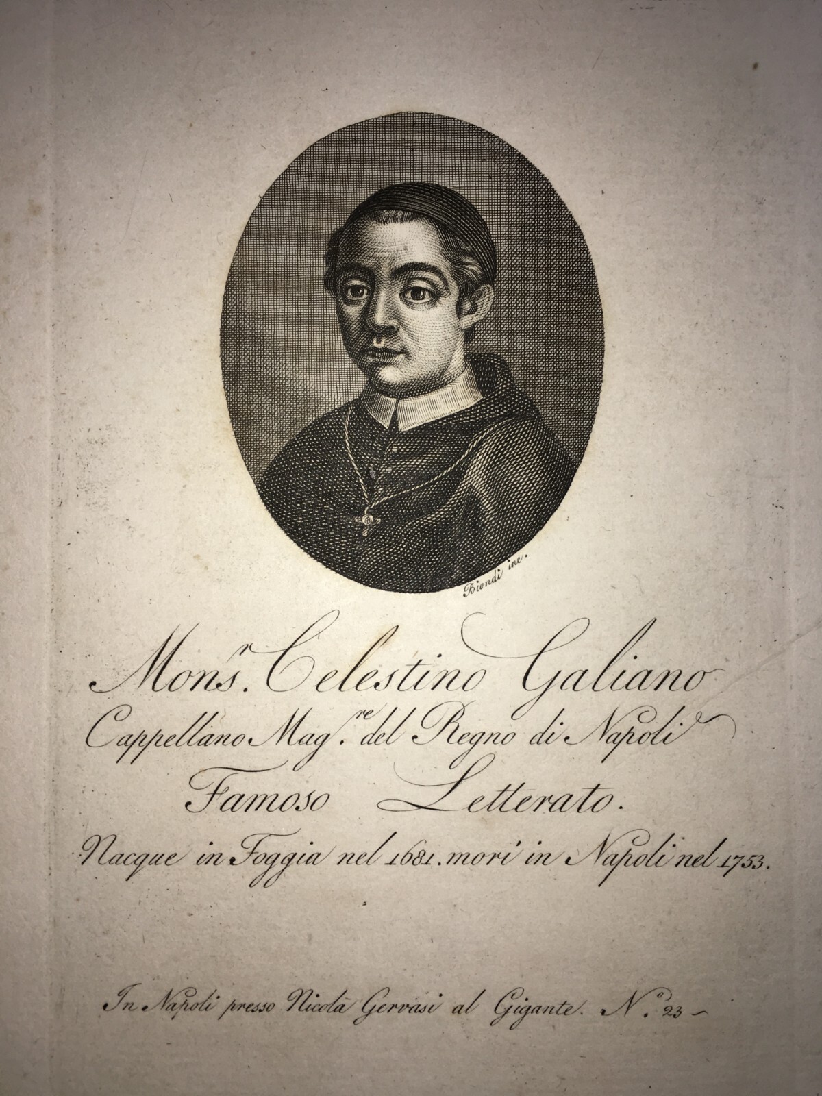 Puglia, Antica Incisione Di Biondi: Celestino Galiani, Cappellano Napoletano
