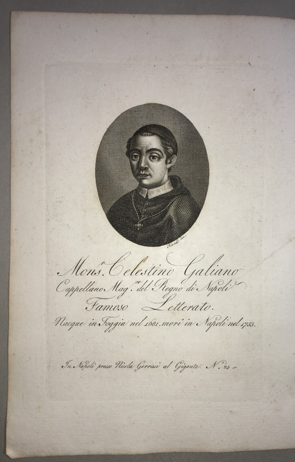 Puglia, Antica Incisione Di Biondi: Celestino Galiani, Cappellano Napoletano