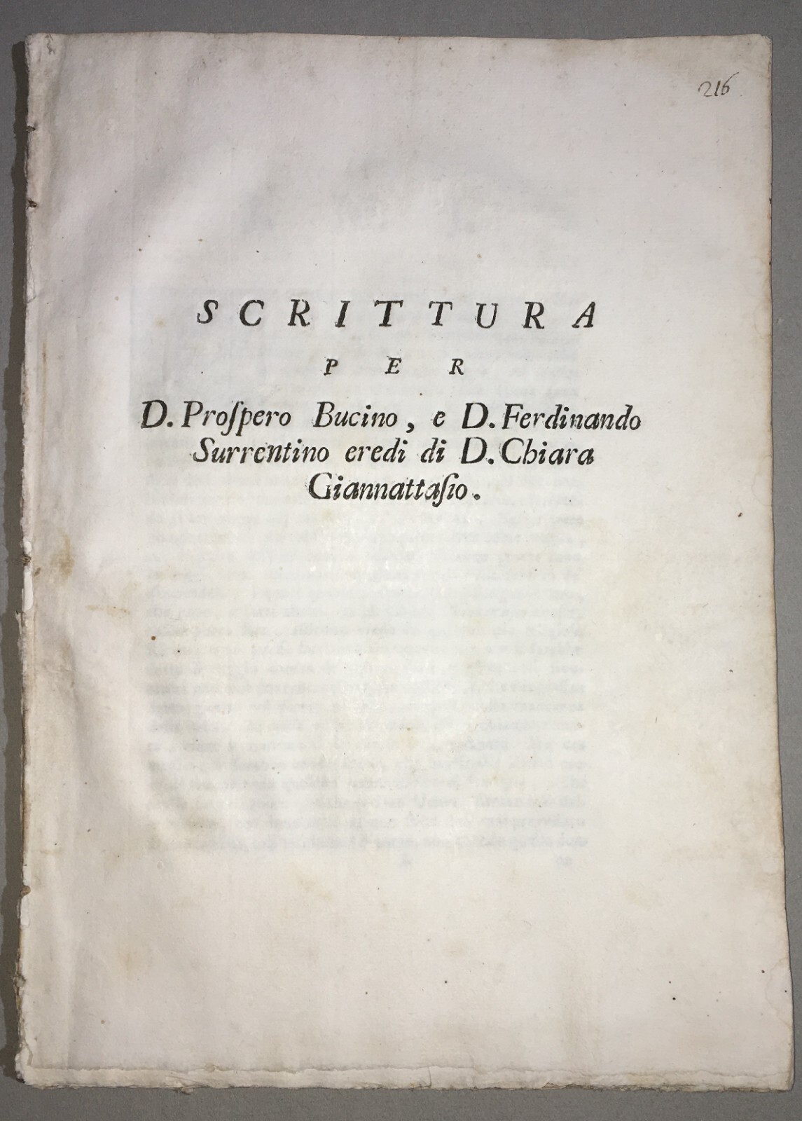 Niccolò Maria Pirelli, Scrittura Per D. Prospero Bucino E D. Ferdinando Surrentino Eredi Di D. Chiara Giannattasio