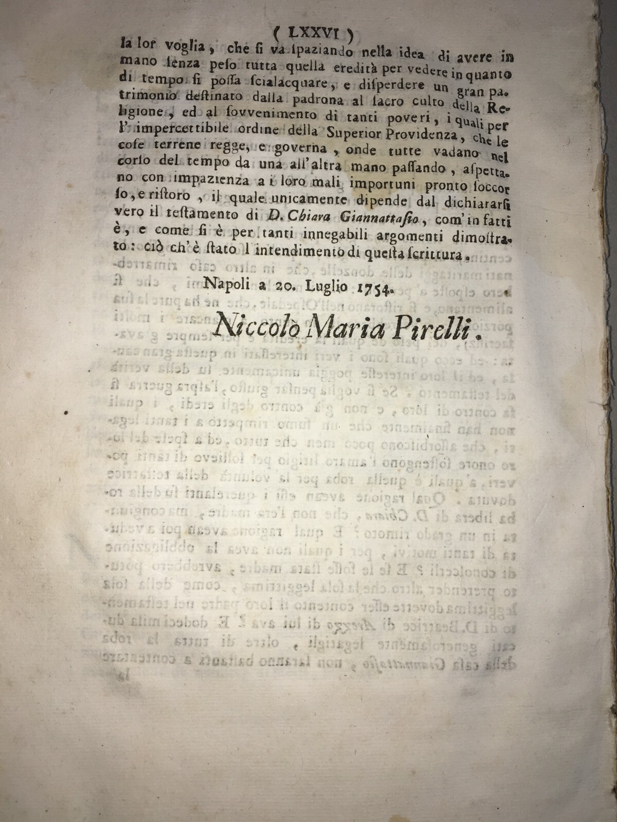 Niccolò Maria Pirelli, Scrittura Per D. Prospero Bucino E D. Ferdinando Surrentino Eredi Di D. Chiara Giannattasio