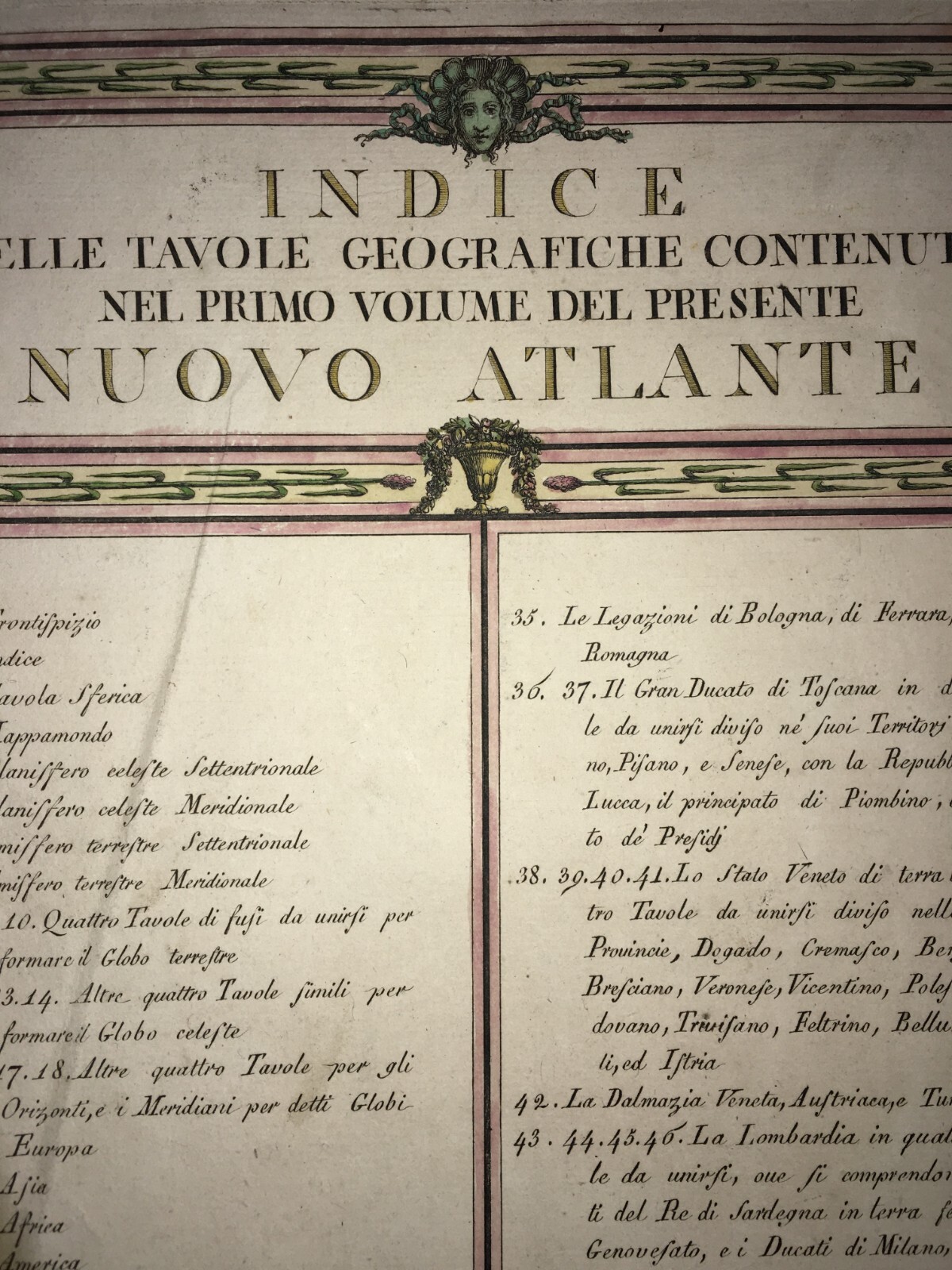 Atlante Geografico Del '700, Antica Tavola Dell'Indice, Incisione Colorata, Cassini