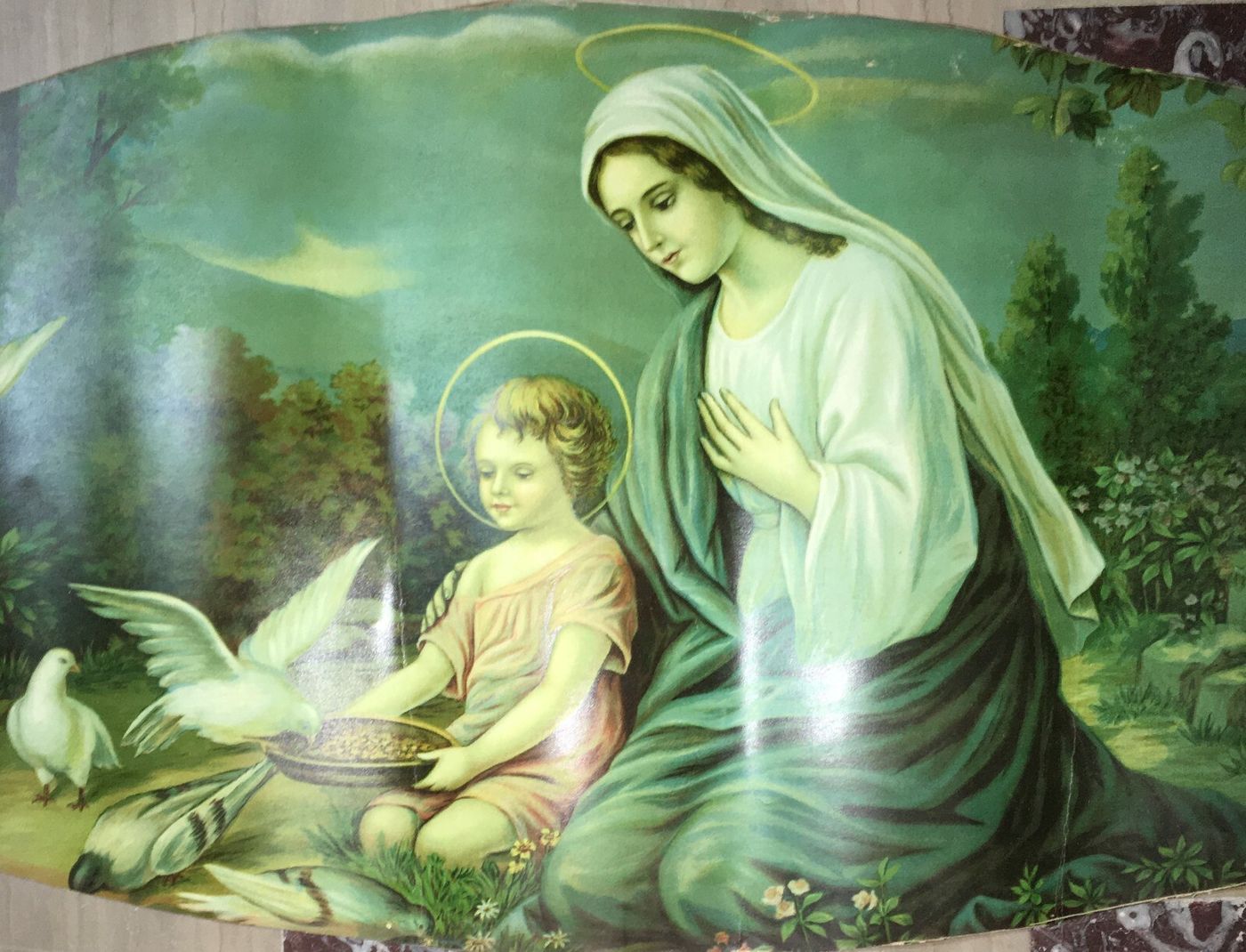Madonna Con Bambino E Paesaggio Con Colombe, Cromolitografia