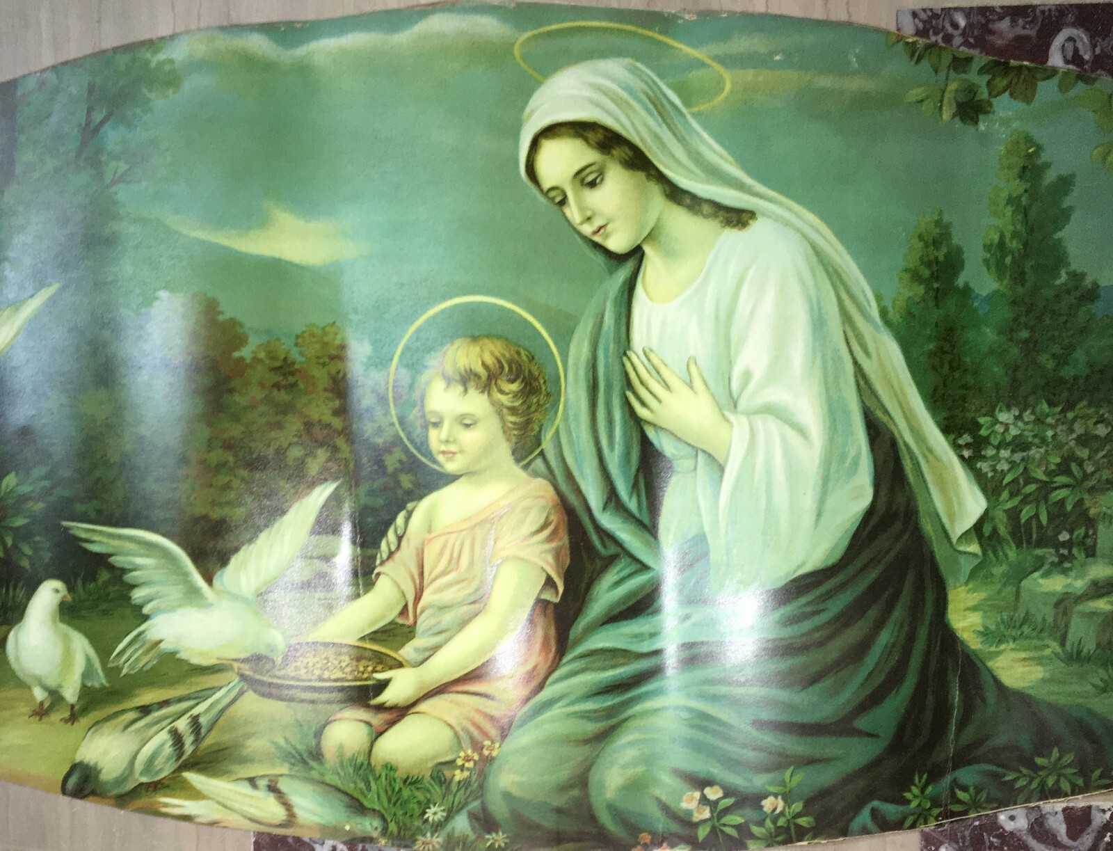 Madonna Con Bambino E Paesaggio Con Colombe, Cromolitografia