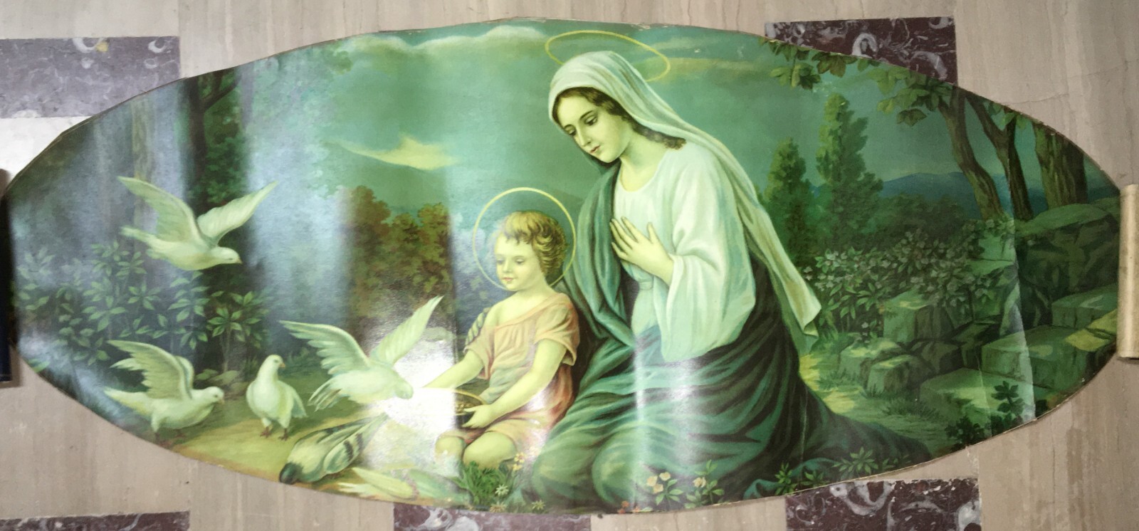 Madonna Con Bambino E Paesaggio Con Colombe, Cromolitografia