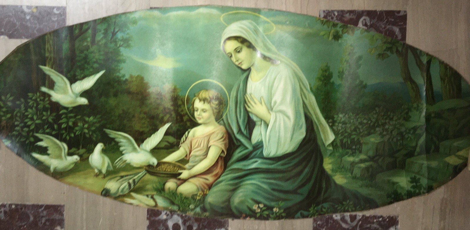 Madonna Con Bambino E Paesaggio Con Colombe, Cromolitografia