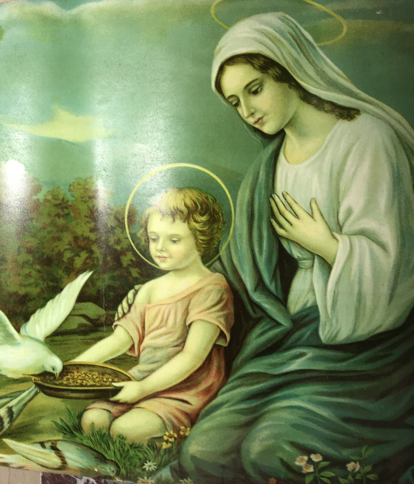 Madonna Con Bambino E Paesaggio Con Colombe, Cromolitografia