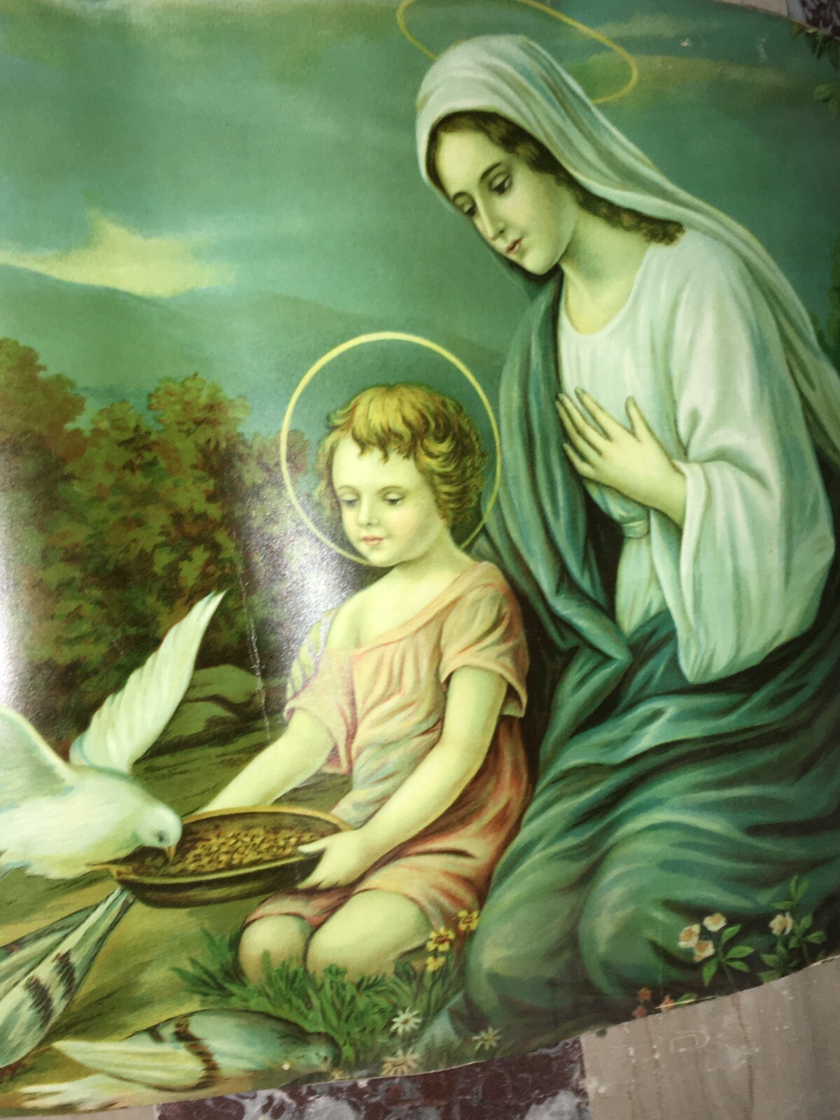 Madonna Con Bambino E Paesaggio Con Colombe, Cromolitografia