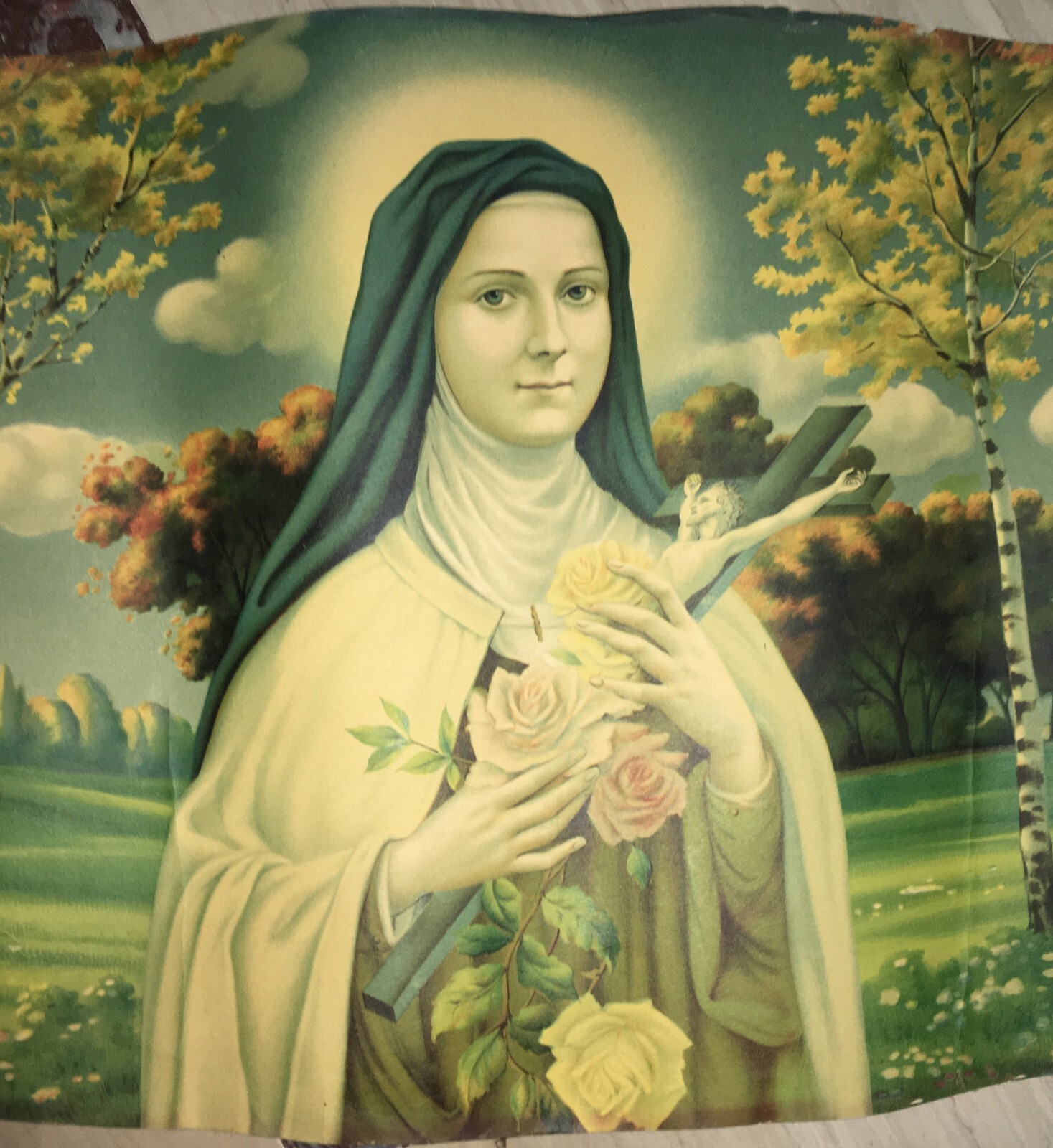 Grande Scena Devozionale: Santa Teresa Del Bambin Gesù Con Rose E Crocifisso, Stampa Cromolitografica