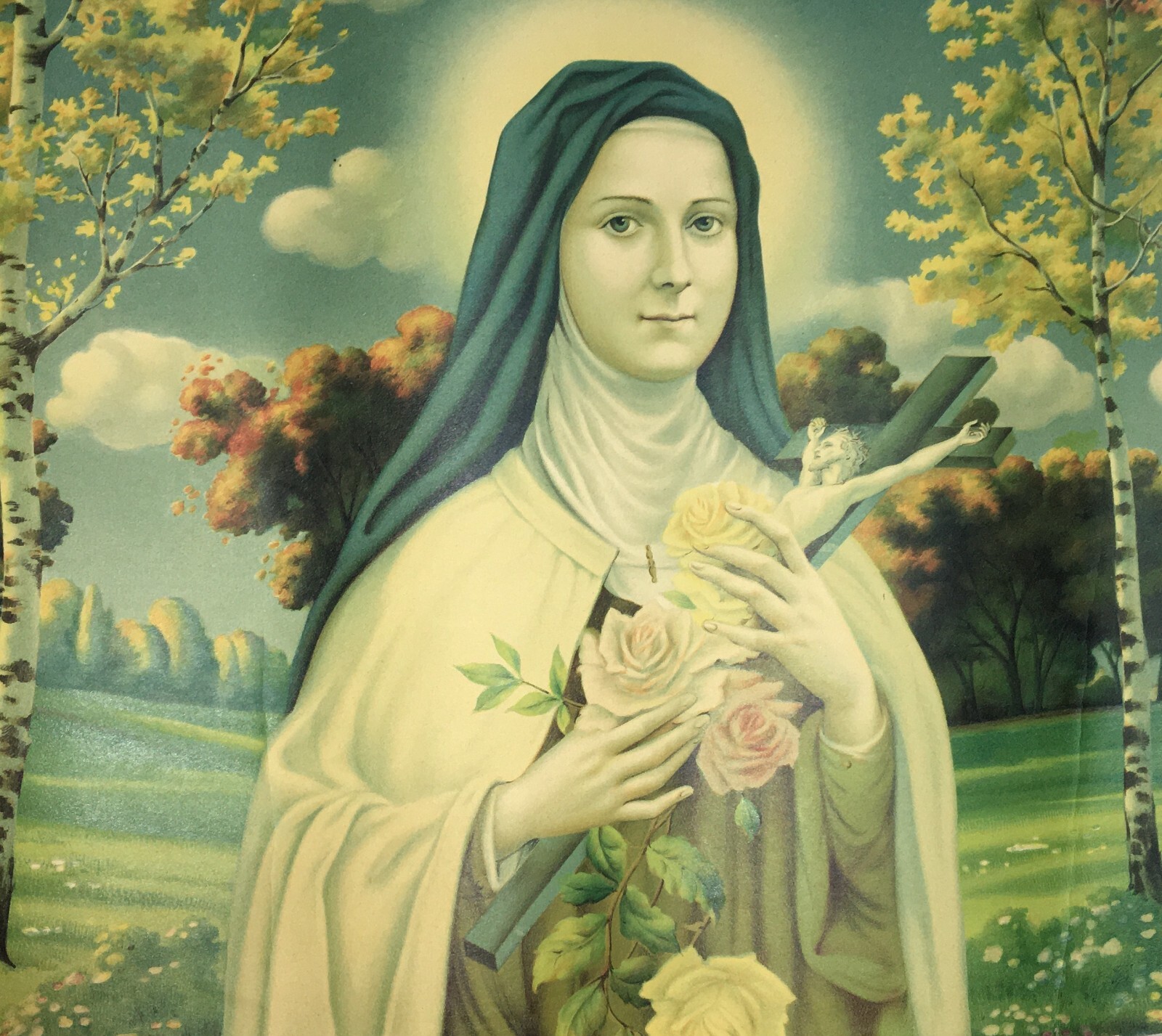 Grande Scena Devozionale: Santa Teresa Del Bambin Gesù Con Rose E Crocifisso, Stampa Cromolitografica