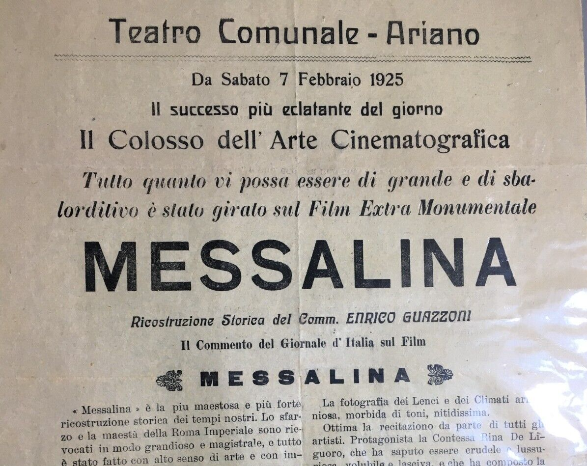 Cinema, Teatro, Irpinia, Ariano: Messalina, Guazzoni. Raro Volantino Pubblicitario (1925)