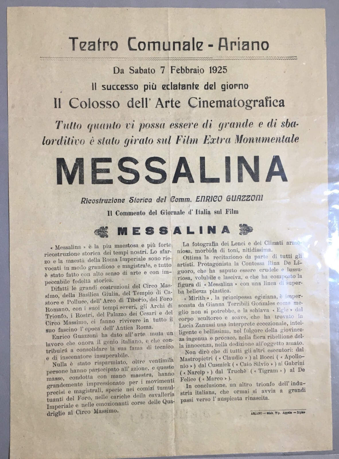 Cinema, Teatro, Irpinia, Ariano: Messalina, Guazzoni. Raro Volantino Pubblicitario (1925)