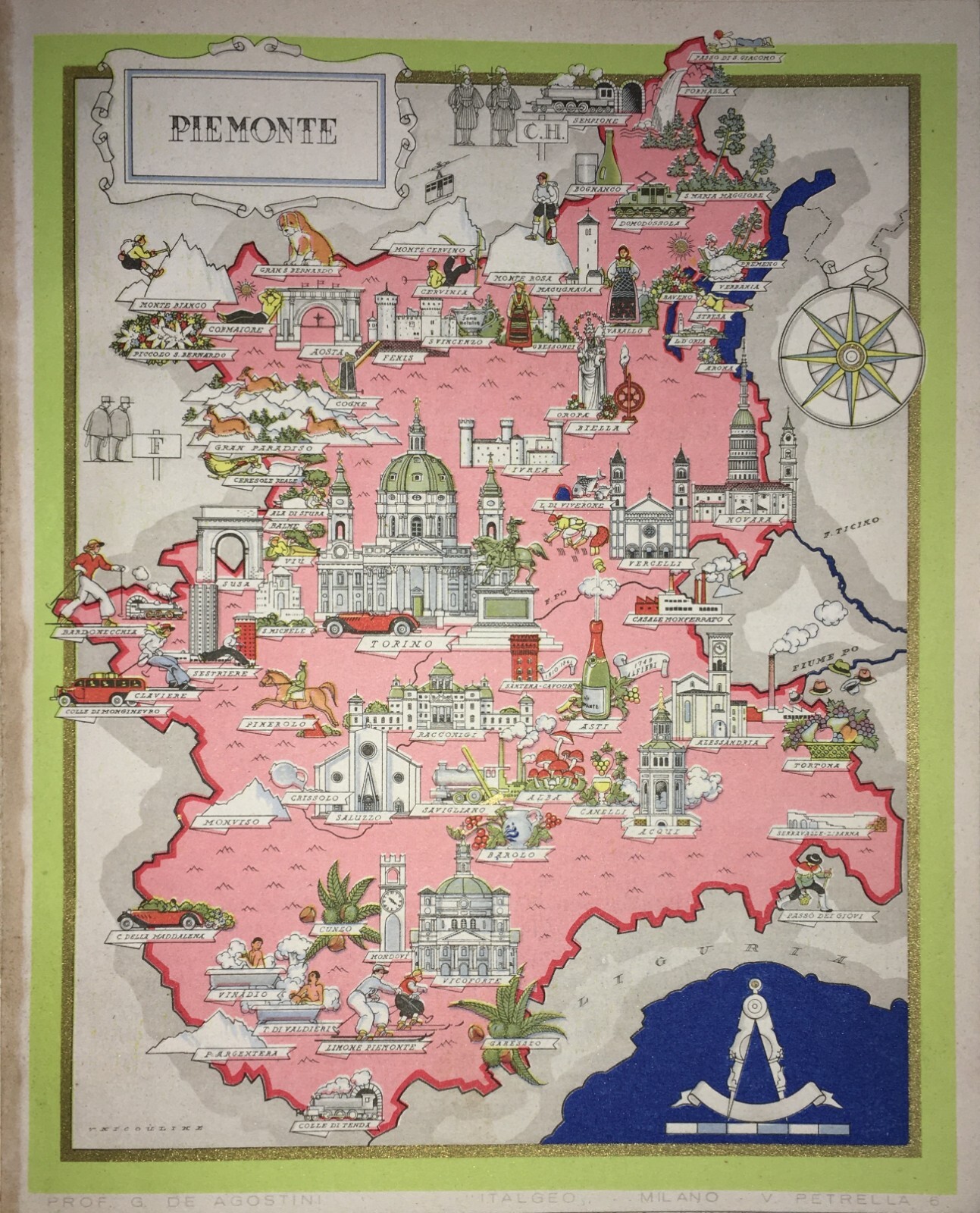 Arte, Folklore E Cartografia Del Piemonte: Mappa Di Vsevolode Nicouline Con Torino, Aosta E Novara