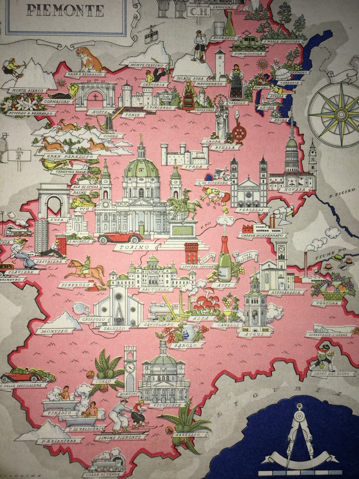 Arte, Folklore E Cartografia Del Piemonte: Mappa Di Vsevolode Nicouline Con Torino, Aosta E Novara