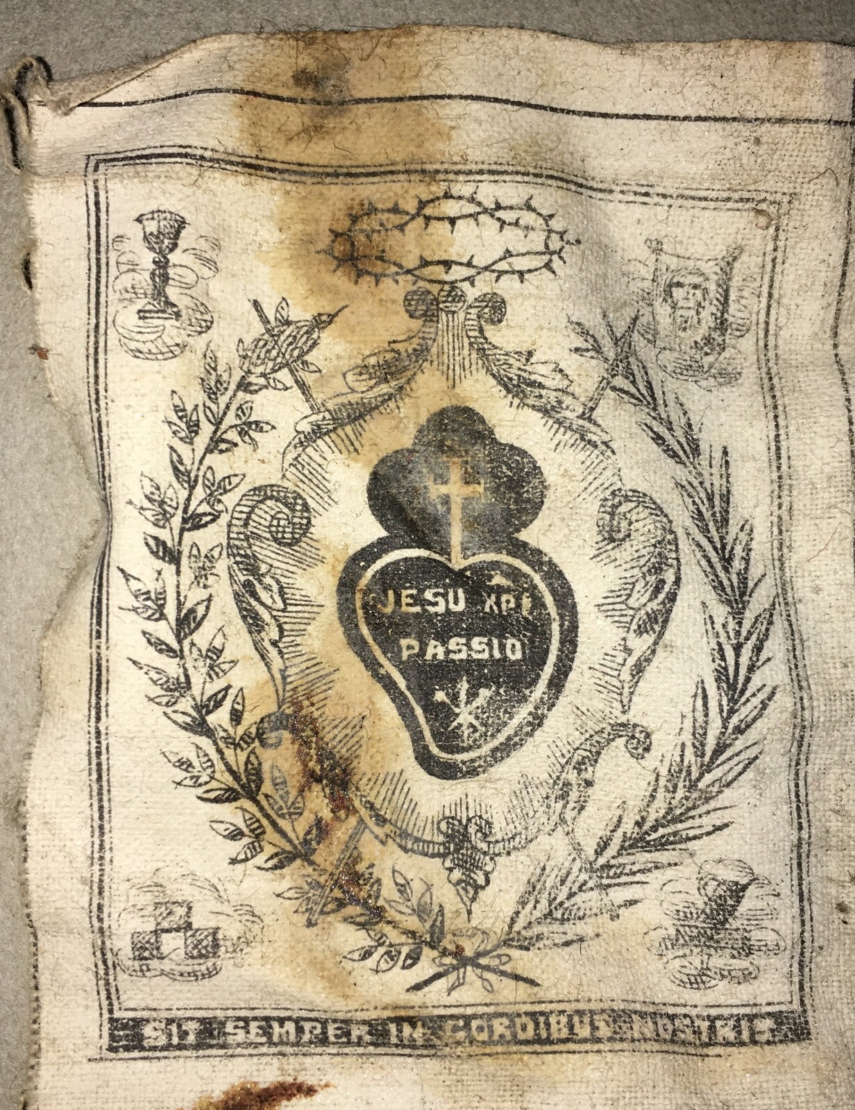 Stampa Antica Popolare Devozionale: Passione Di Gesù Su Tessuto