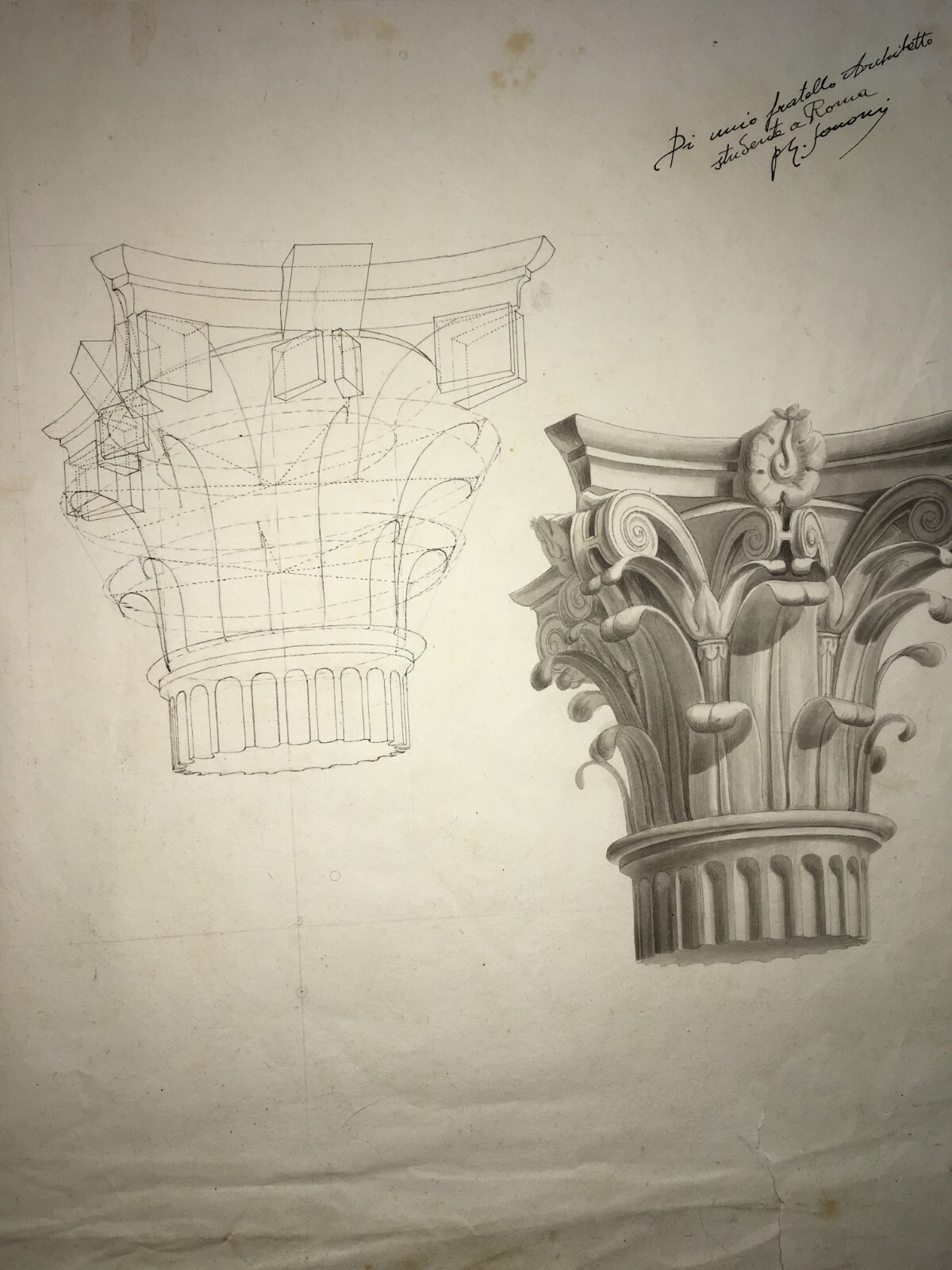 Arte, Architettura, Ingegneria: Antico Disegno Architettonico Di Prospettiva Con Capitello