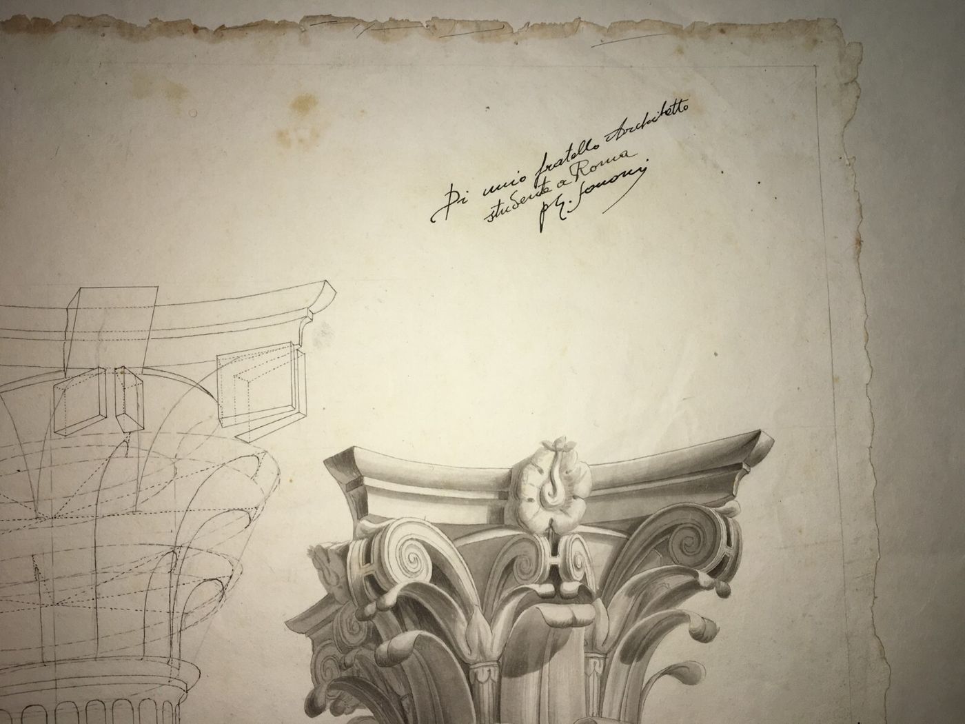 Arte, Architettura, Ingegneria: Antico Disegno Architettonico Di Prospettiva Con Capitello