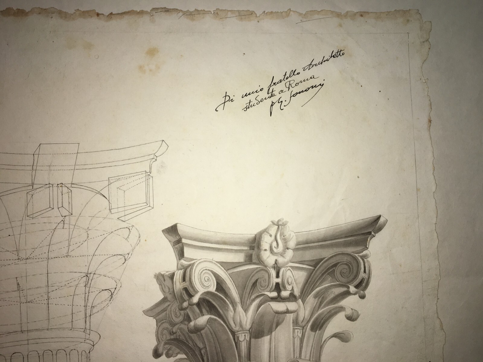 Arte, Architettura, Ingegneria: Antico Disegno Architettonico Di Prospettiva Con Capitello