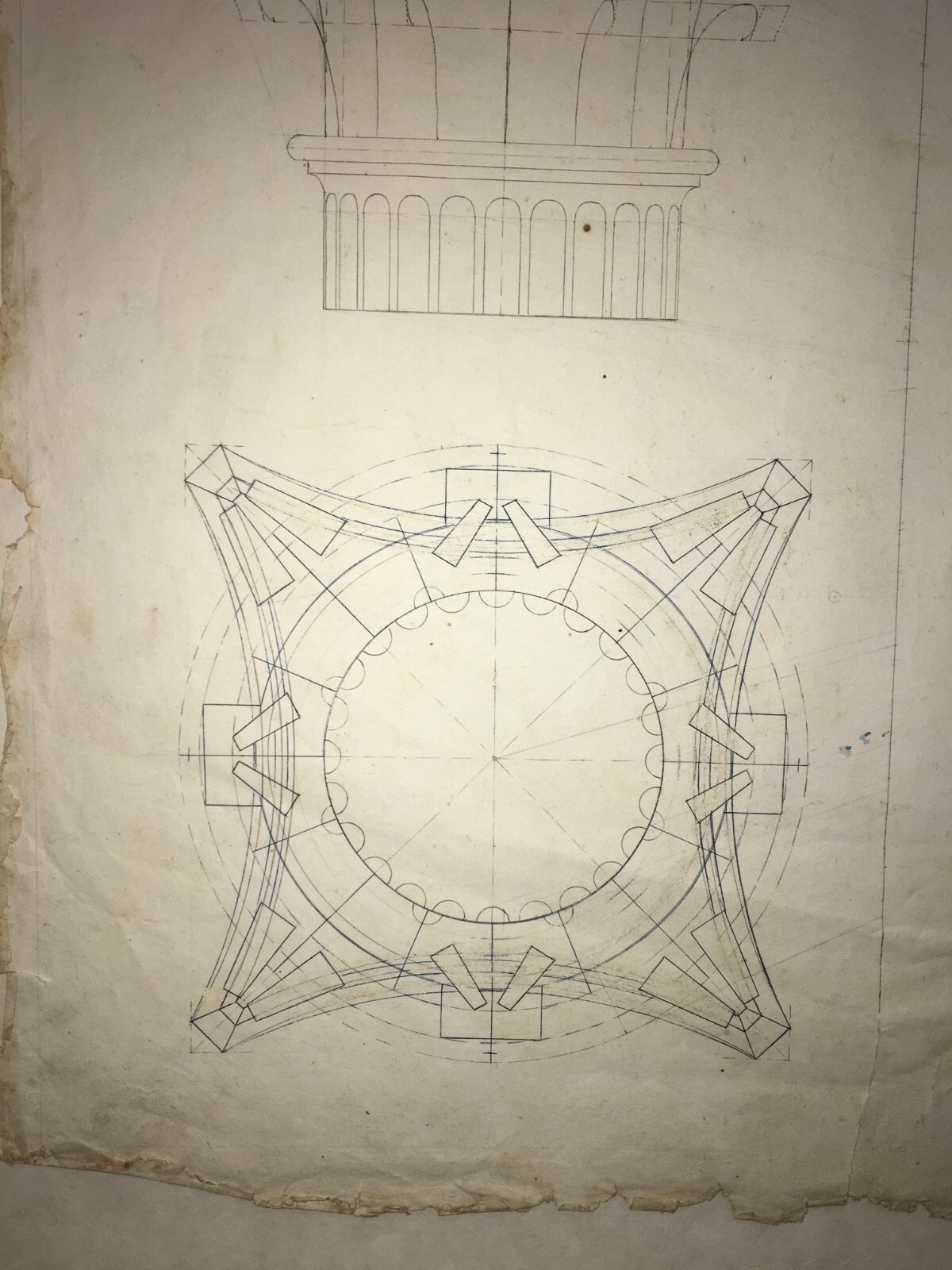 Arte, Architettura, Ingegneria: Antico Disegno Architettonico Di Prospettiva Con Capitello