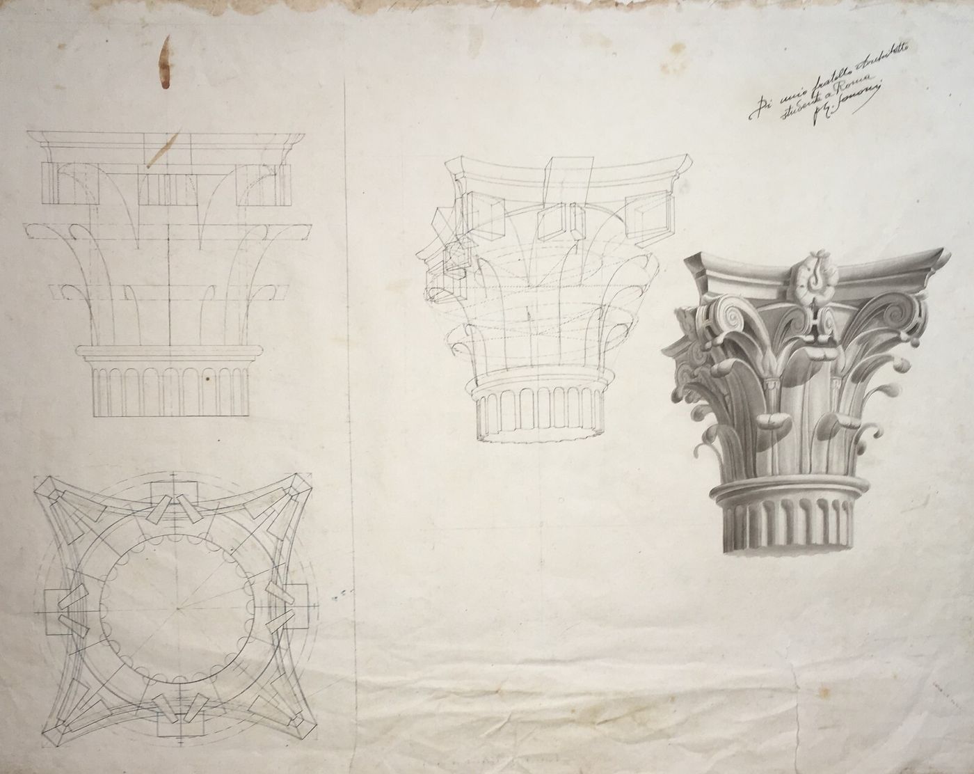 Arte, Architettura, Ingegneria: Antico Disegno Architettonico Di Prospettiva Con Capitello