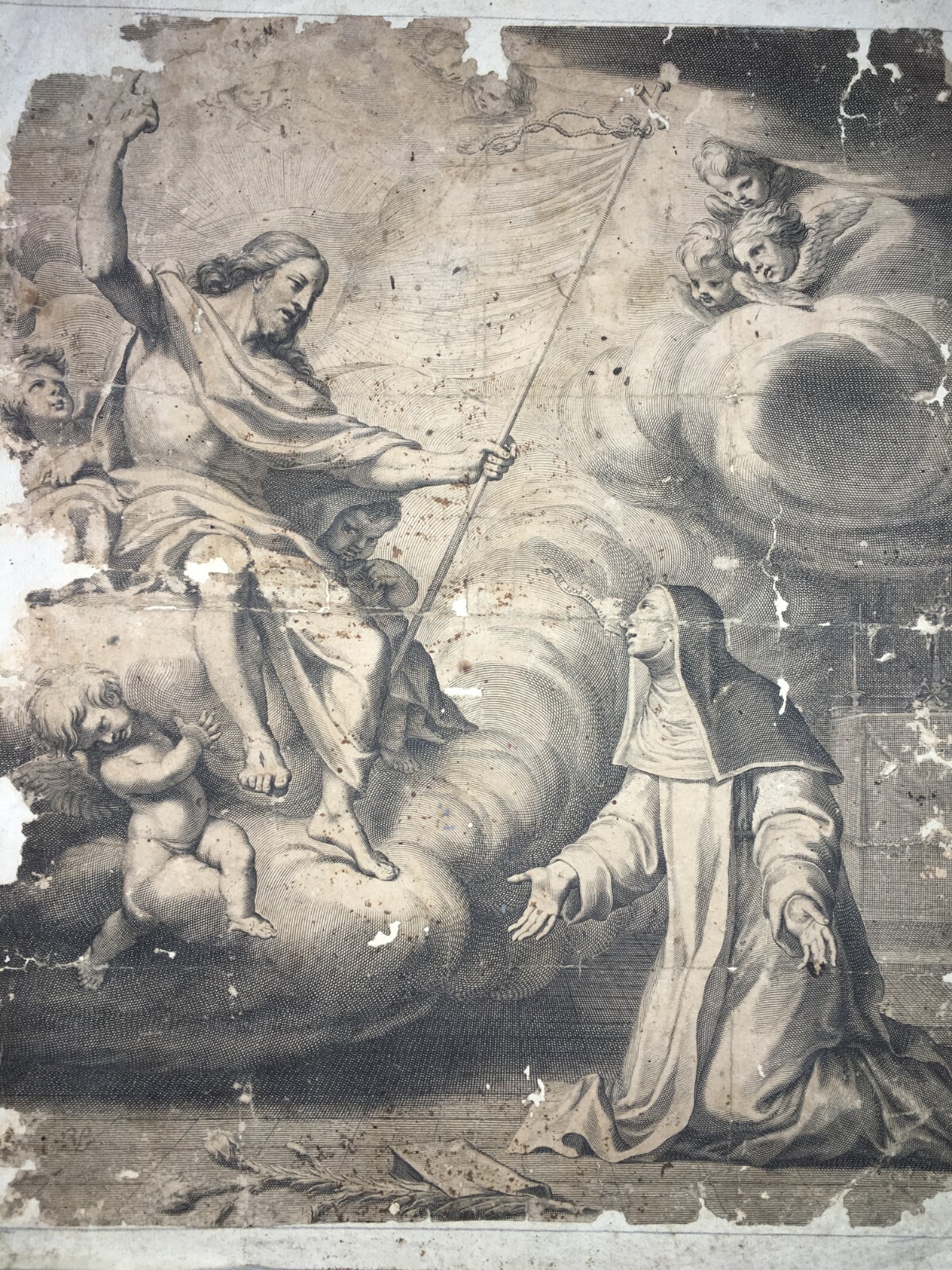 Antico Disegno Di Nudo Maschile E Stampa Devozionale Di Santa Caterina