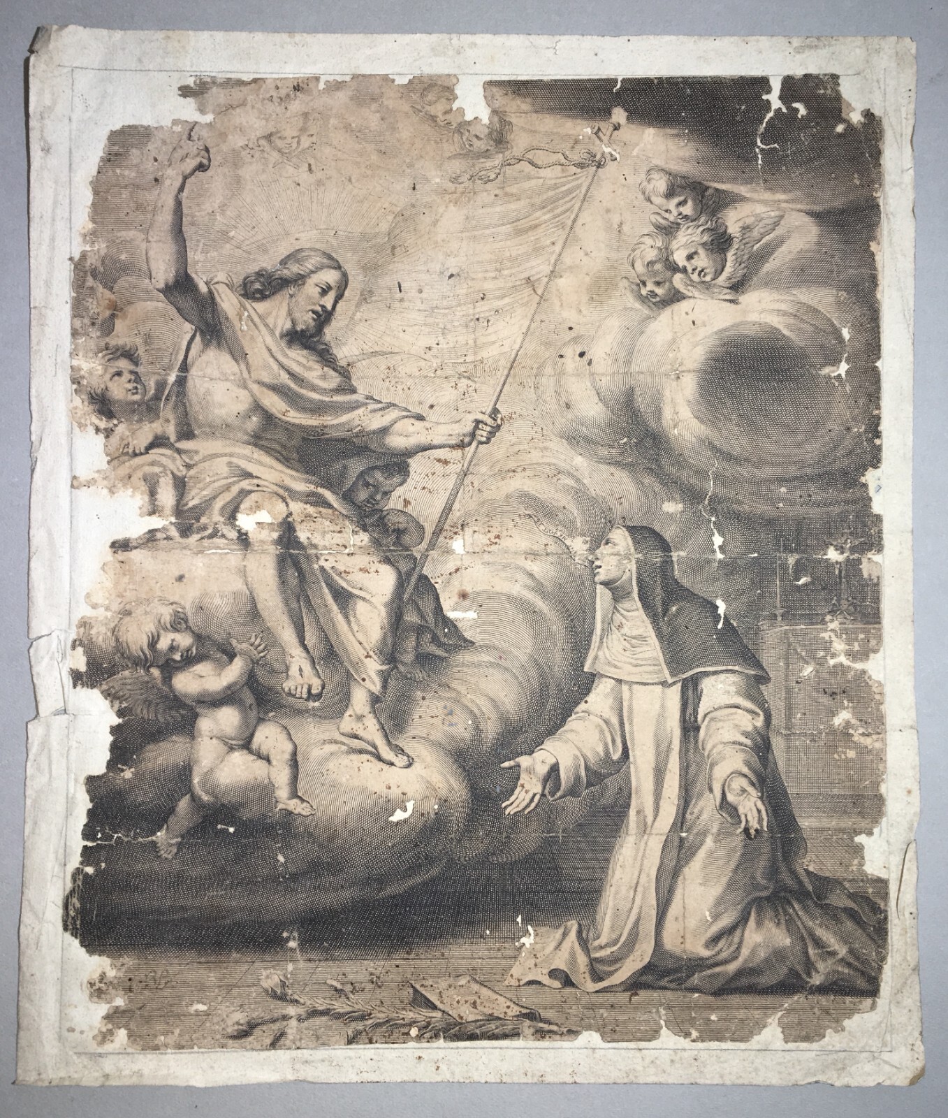Antico Disegno Di Nudo Maschile E Stampa Devozionale Di Santa Caterina